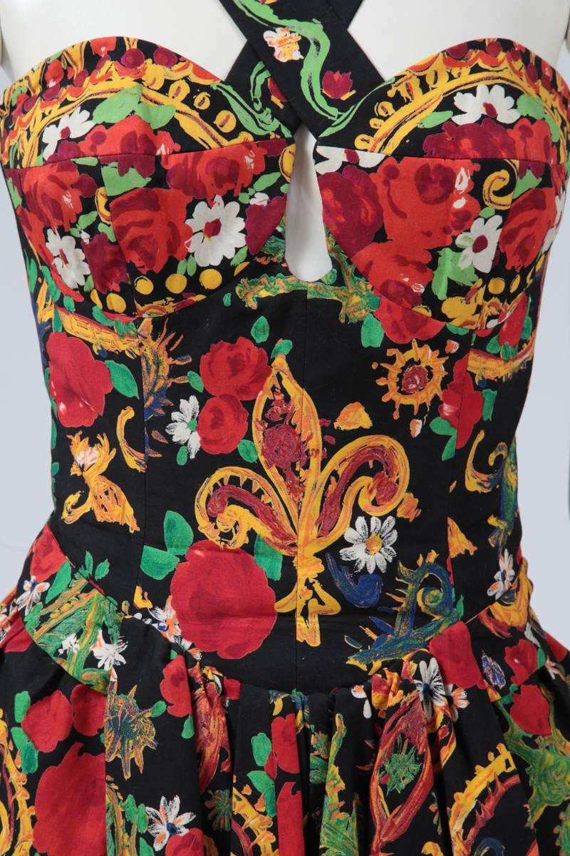 Brown Documented Christian Lacroix Cotton & Rhinestone Print Dress, Spring-Summer 1992