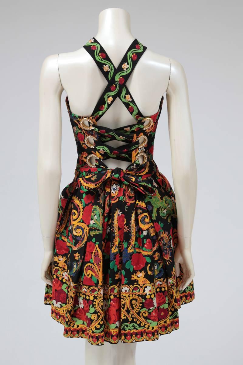 Documented Christian Lacroix Cotton & Rhinestone Print Dress, Spring-Summer 1992 In Excellent Condition In Geneva, CH