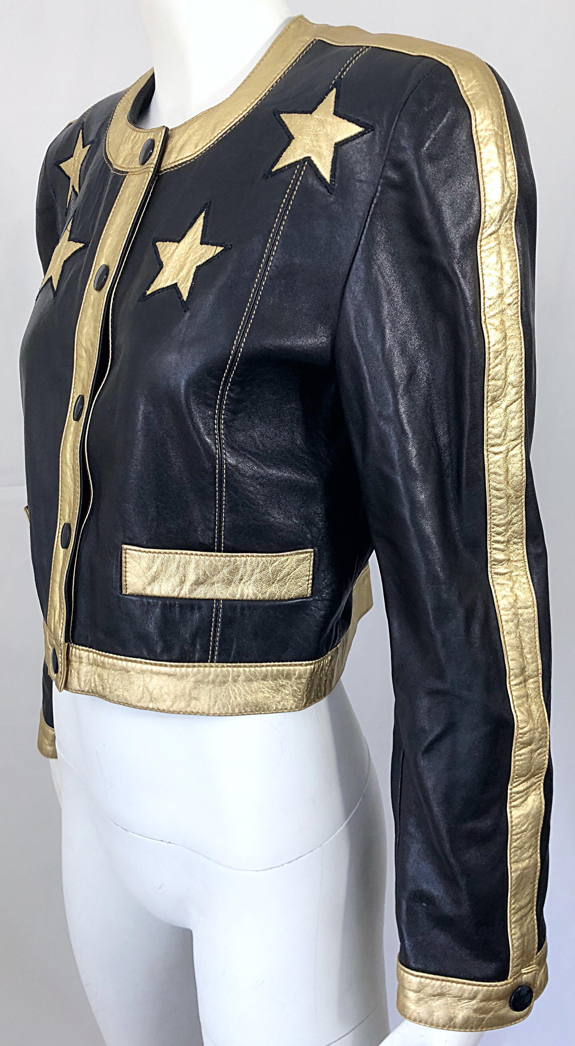Documented Escada 1990s Black + Gold Leather Stars Vintage 90s Cropped Jacket 3