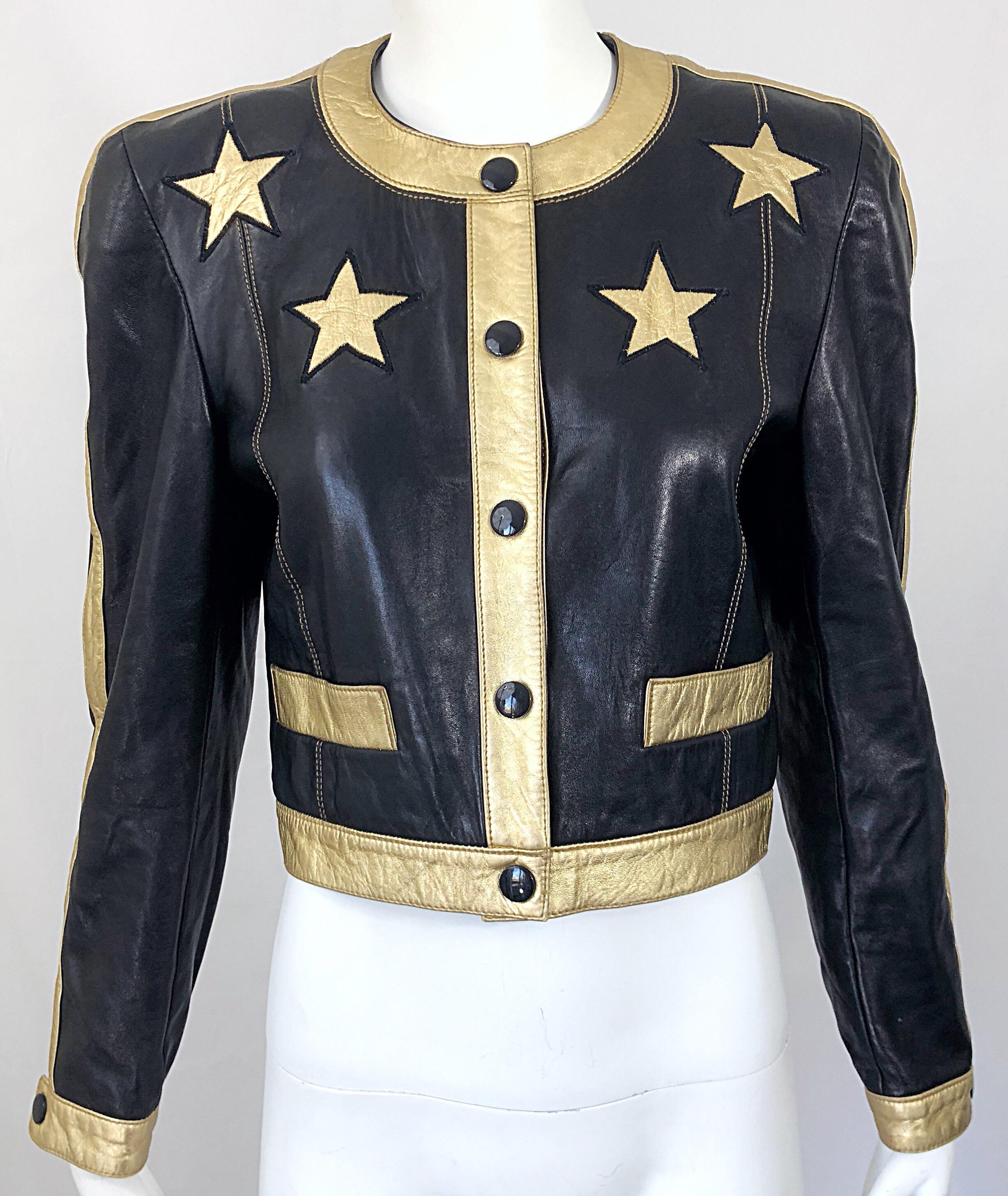 Documented Escada 1990s Black + Gold Leather Stars Vintage 90s Cropped Jacket 4