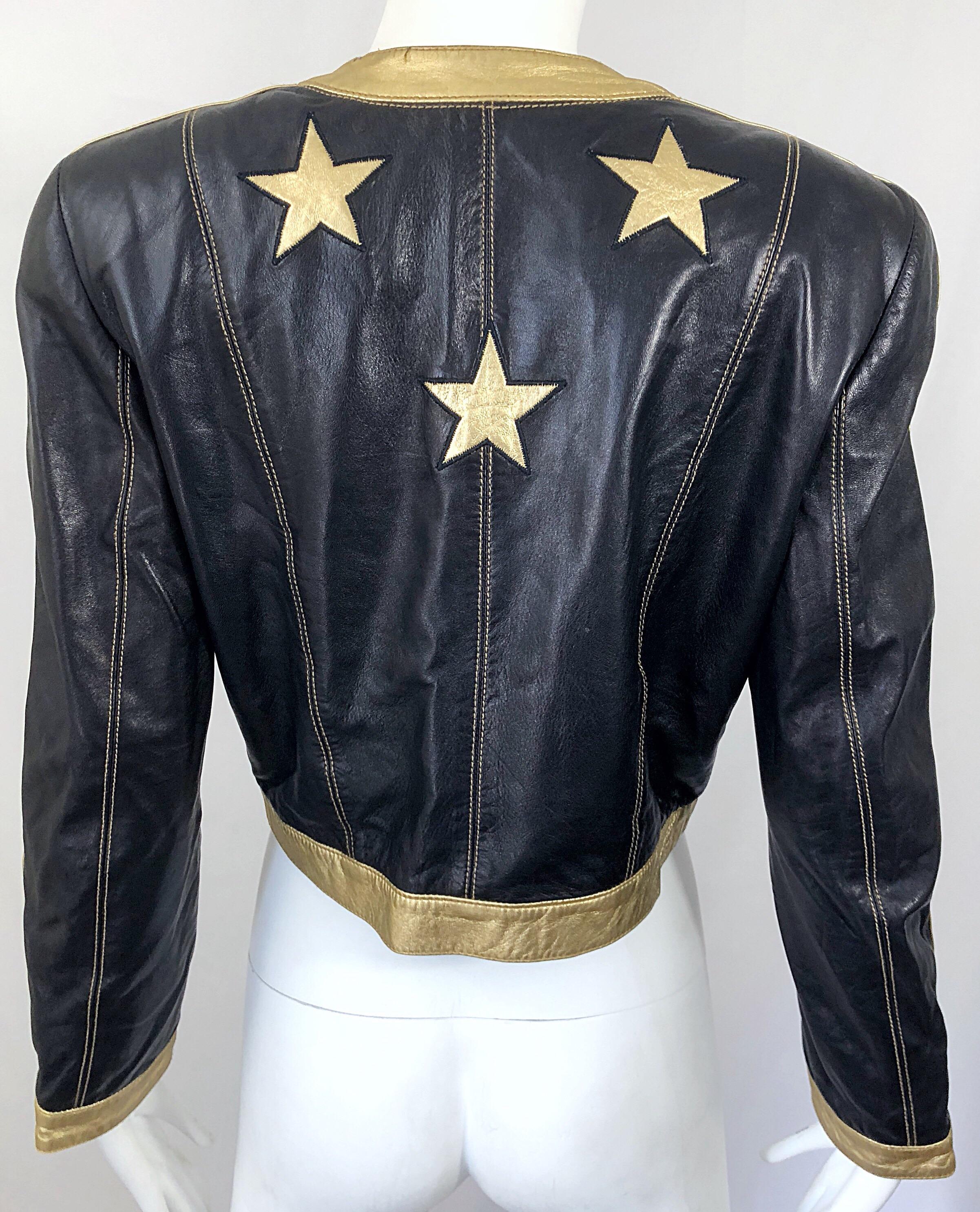 Documented Escada 1990s Black + Gold Leather Stars Vintage 90s Cropped Jacket 5