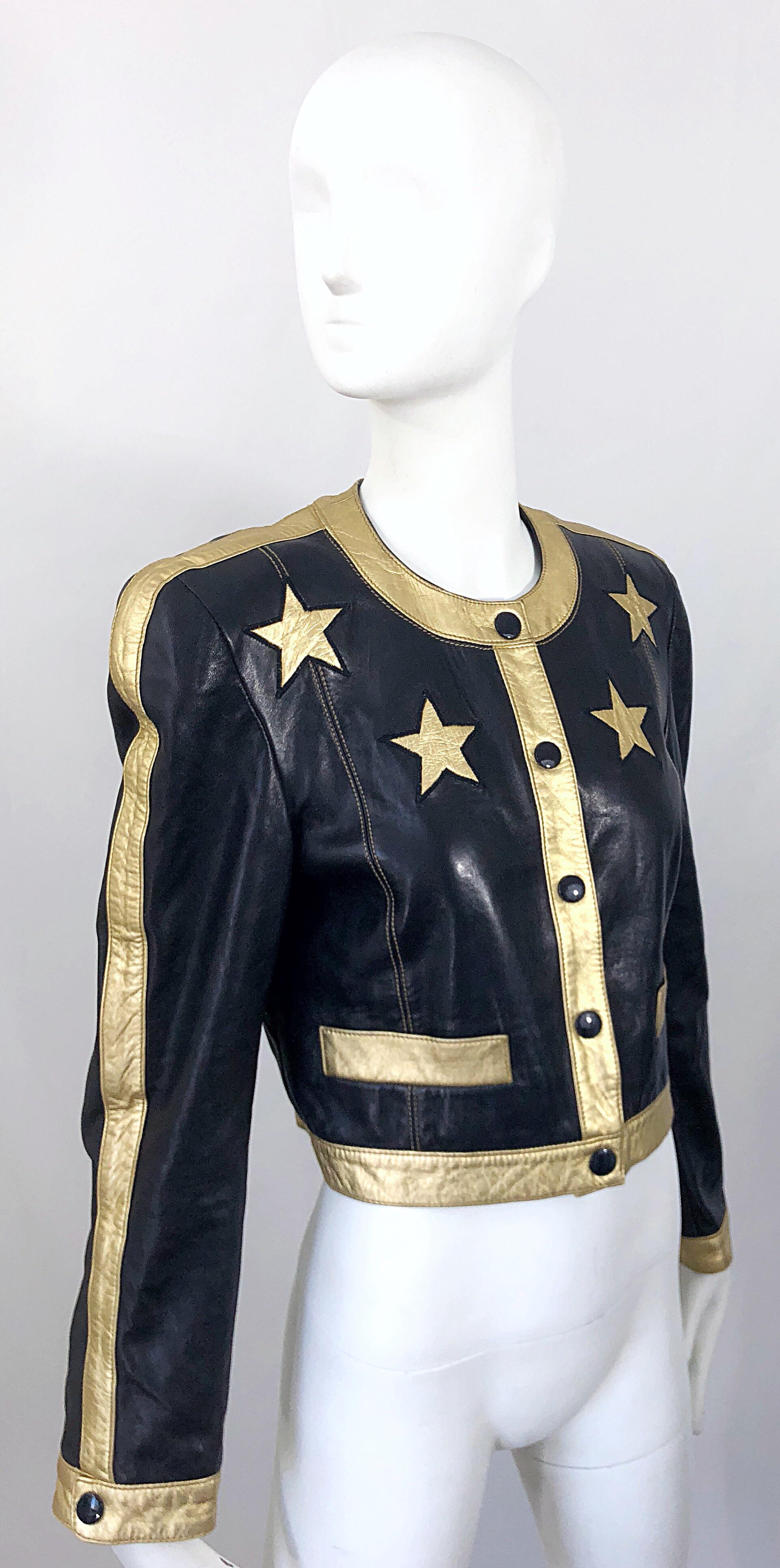 Documented Escada 1990s Black + Gold Leather Stars Vintage 90s Cropped Jacket 6