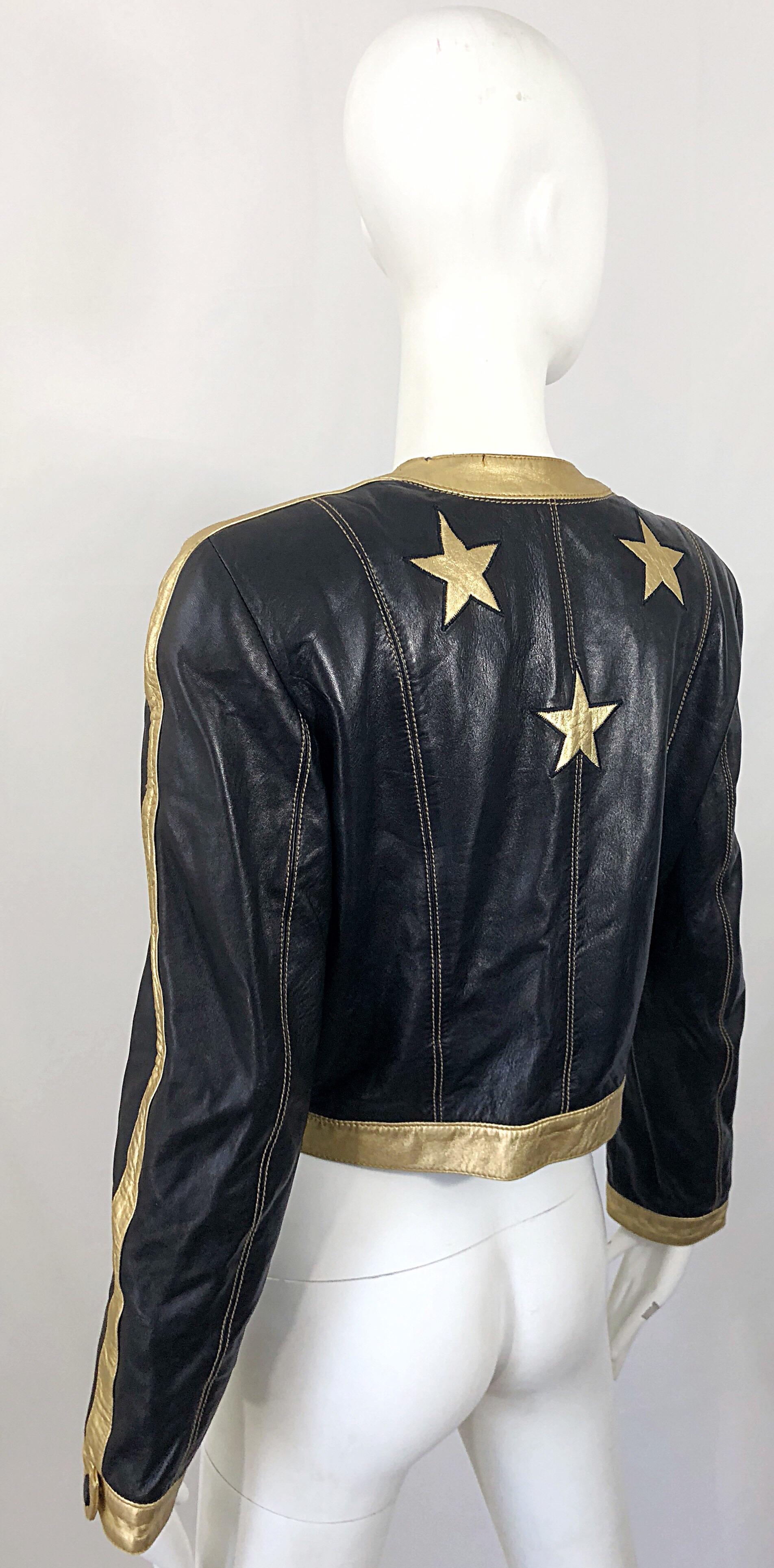 Documented Escada 1990s Black + Gold Leather Stars Vintage 90s Cropped Jacket 7