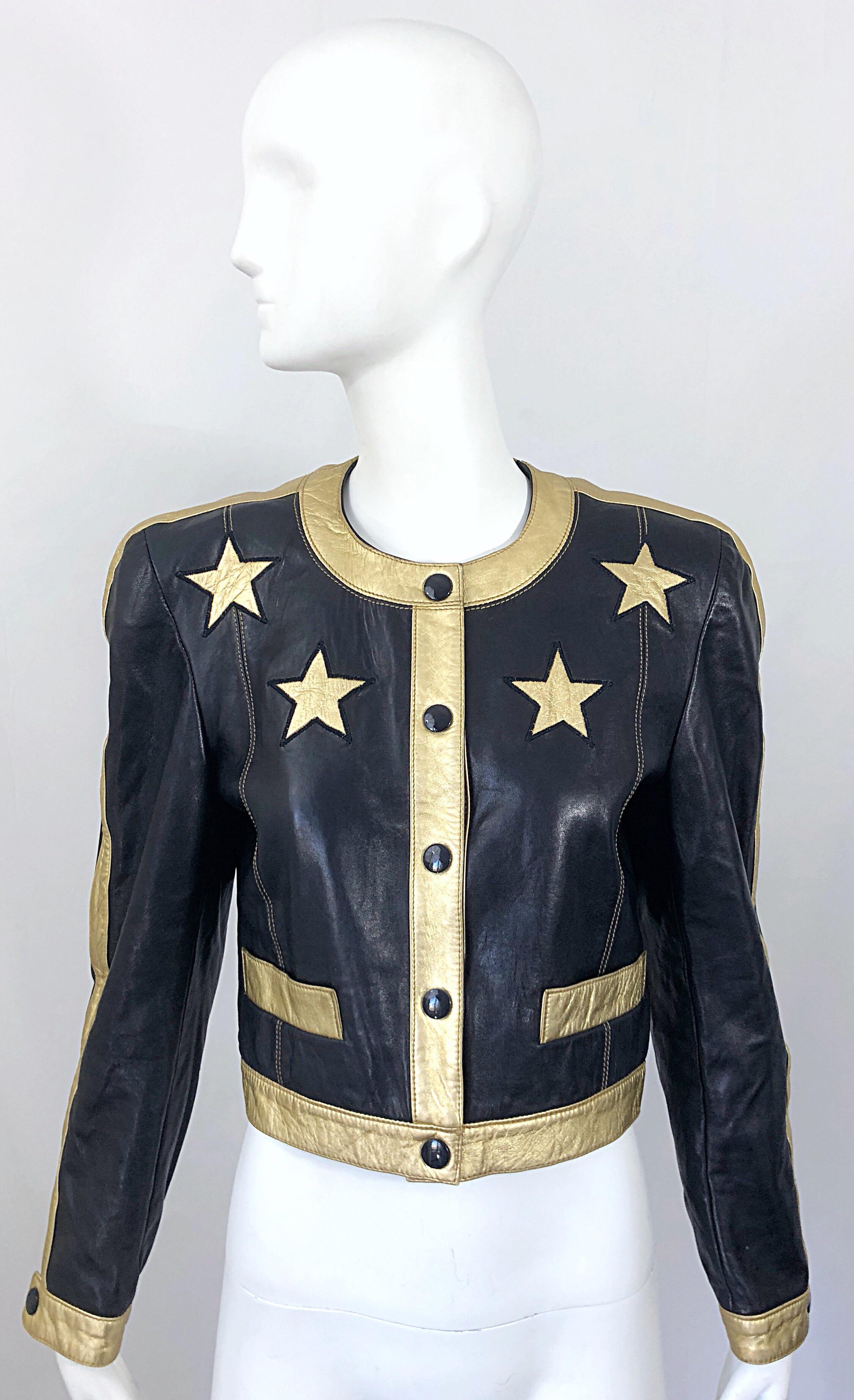 Documented Escada 1990s Black + Gold Leather Stars Vintage 90s Cropped Jacket 8
