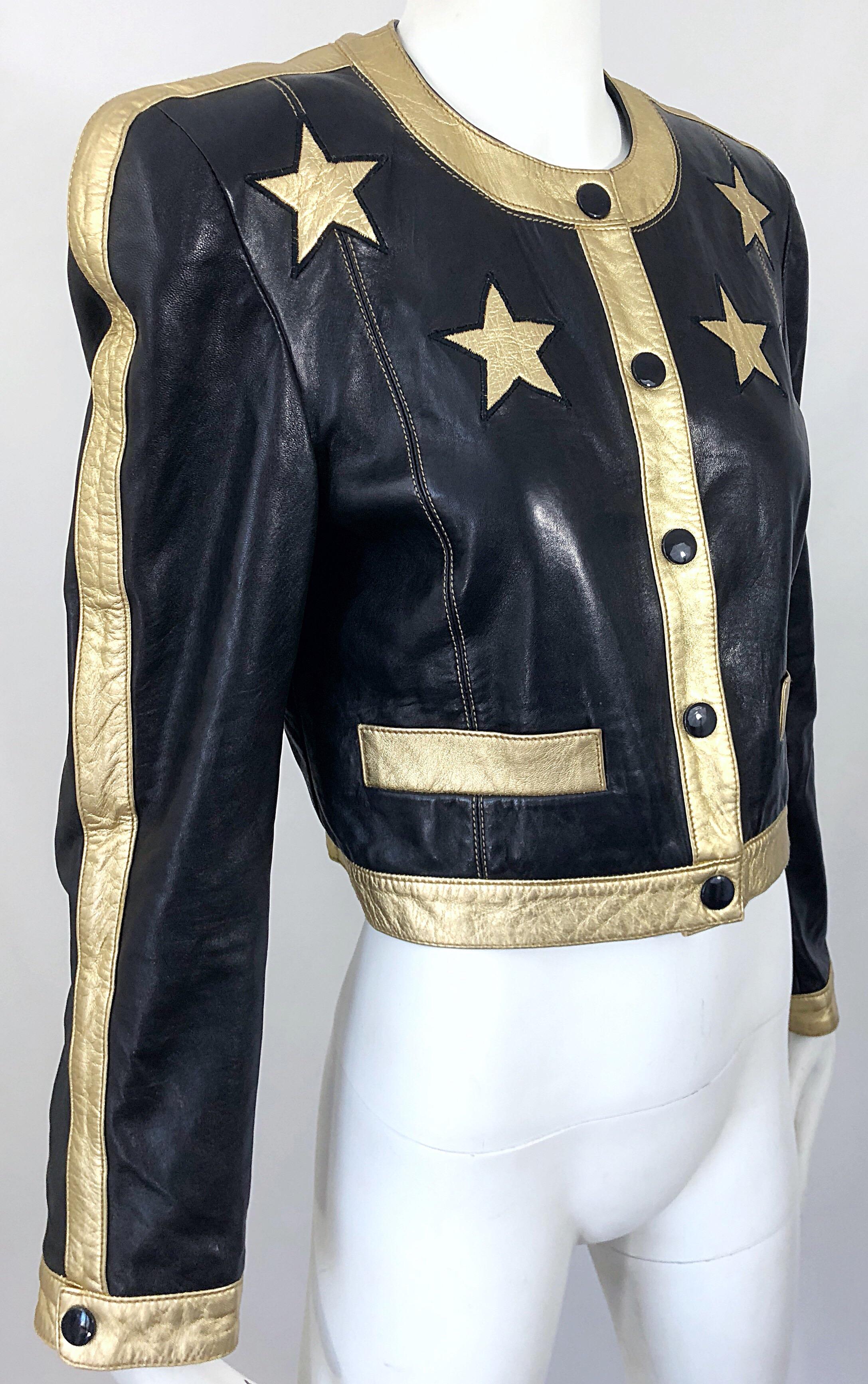 Documented Escada 1990s Black + Gold Leather Stars Vintage 90s Cropped Jacket In Good Condition In San Diego, CA