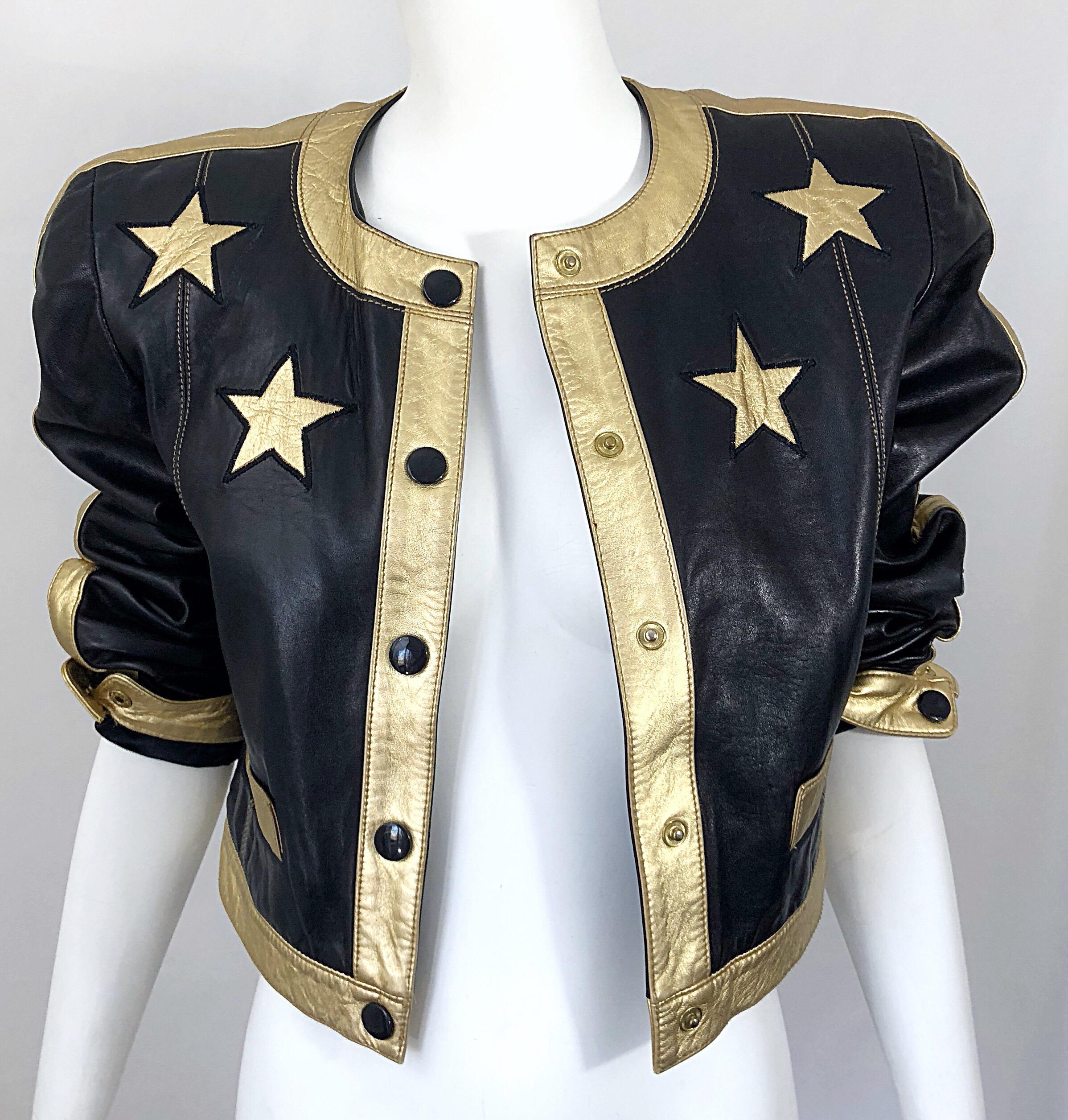 Women's Documented Escada 1990s Black + Gold Leather Stars Vintage 90s Cropped Jacket