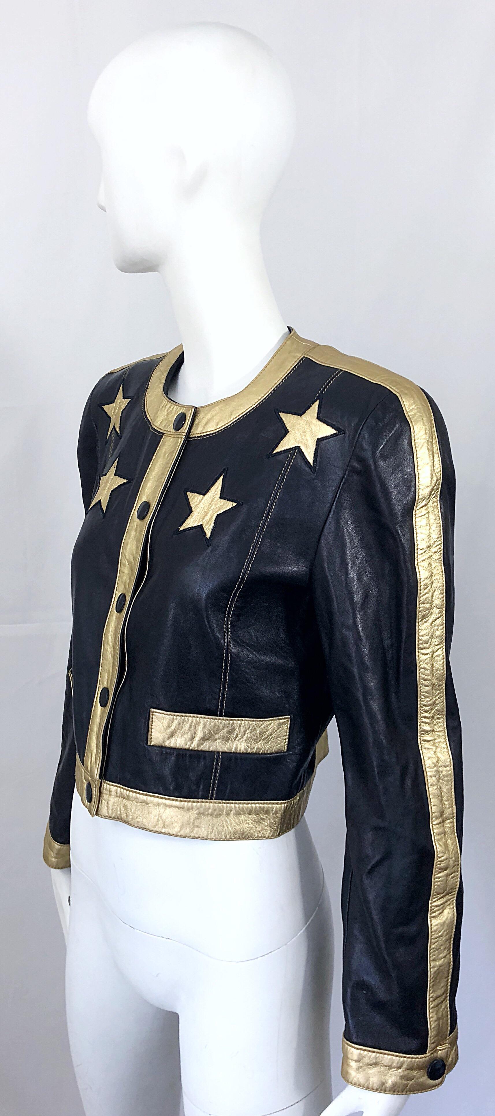 Documented Escada 1990s Black + Gold Leather Stars Vintage 90s Cropped Jacket 1