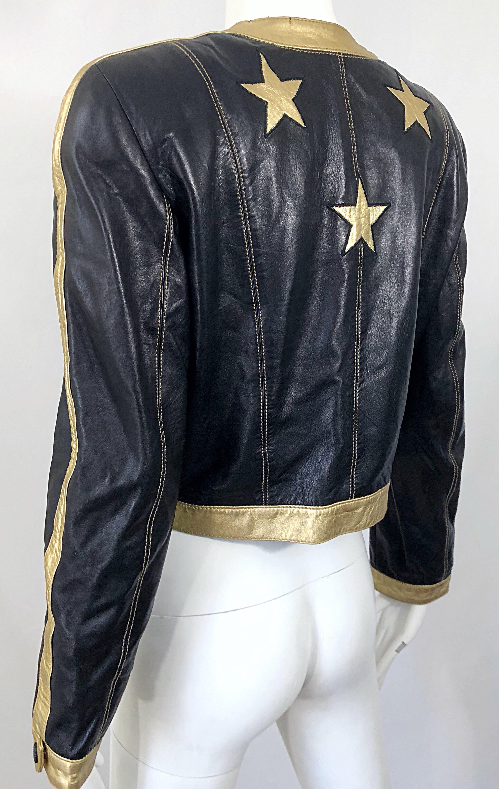 Documented Escada 1990s Black + Gold Leather Stars Vintage 90s Cropped Jacket 2