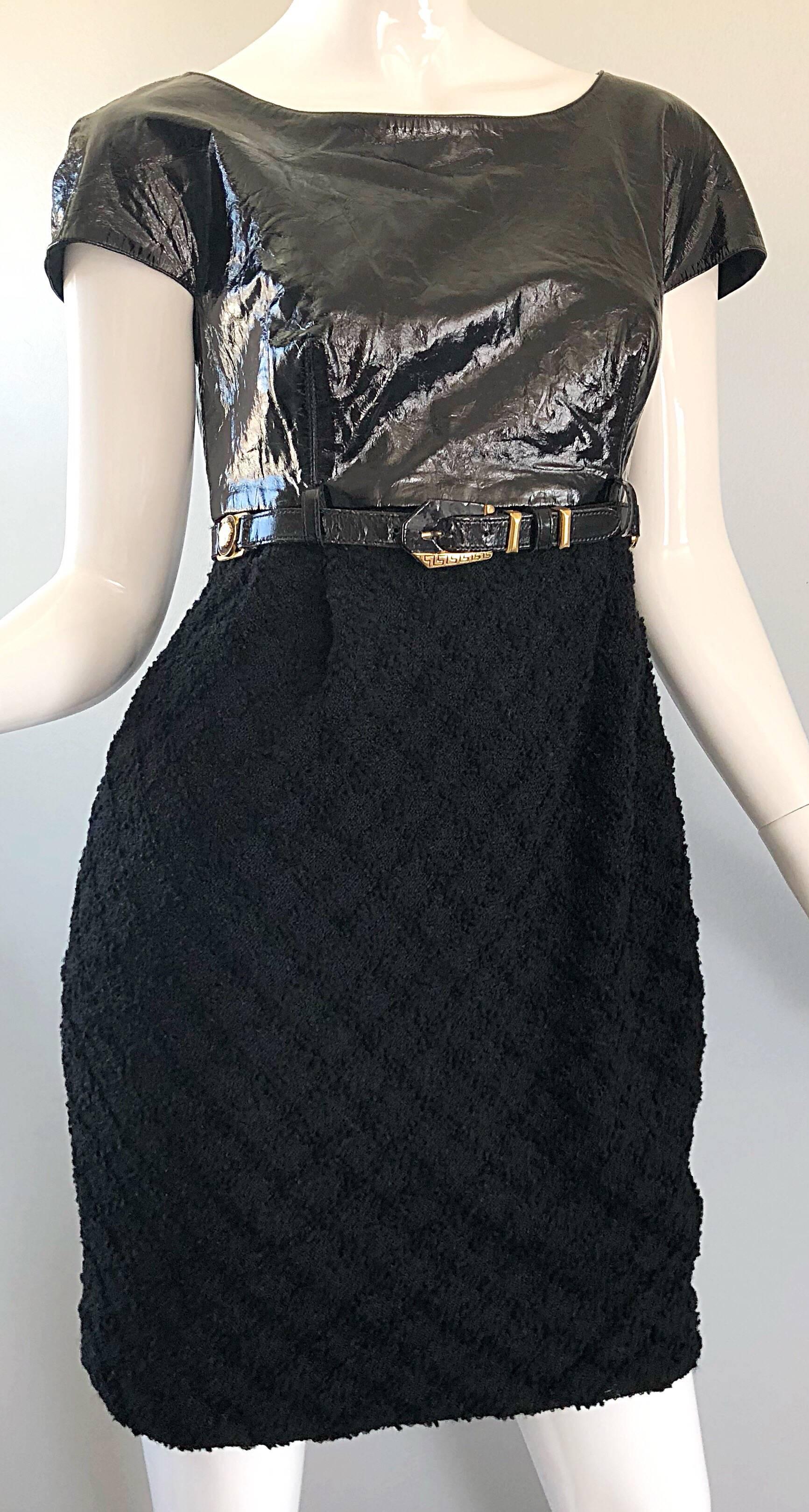 Documented Gianni Versace Couture Vintage F/W 1994 Black PVC Wool 90s Dress In Excellent Condition For Sale In San Diego, CA