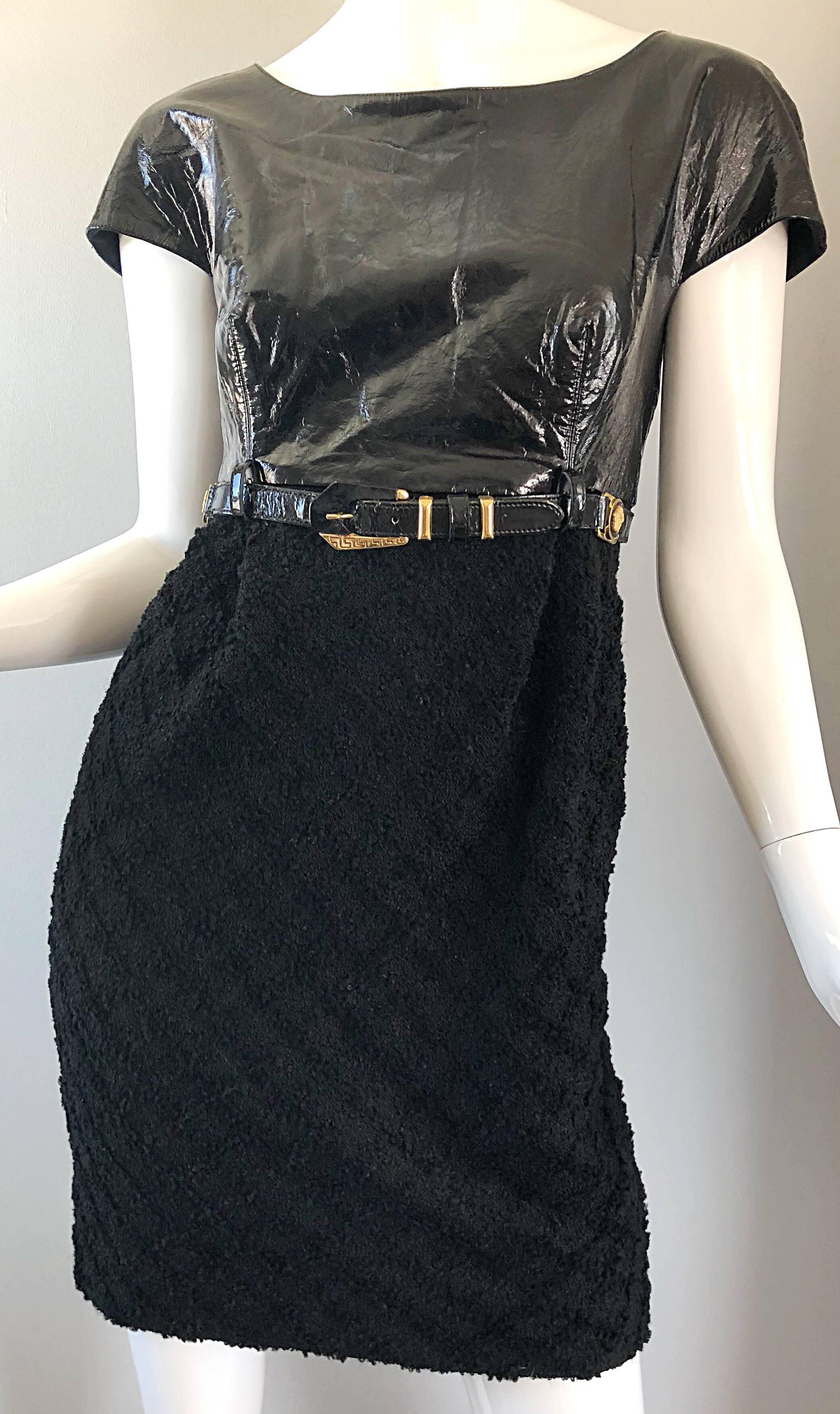 Documented Gianni Versace Couture Vintage F/W 1994 Black PVC Wool 90s Dress For Sale 1