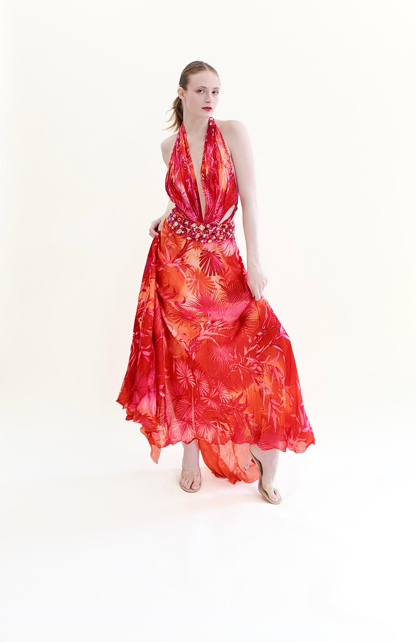 Red Documented Gianni Versace S/S 2000 Runway Finale Gown, Magenta Palm Print For Sale
