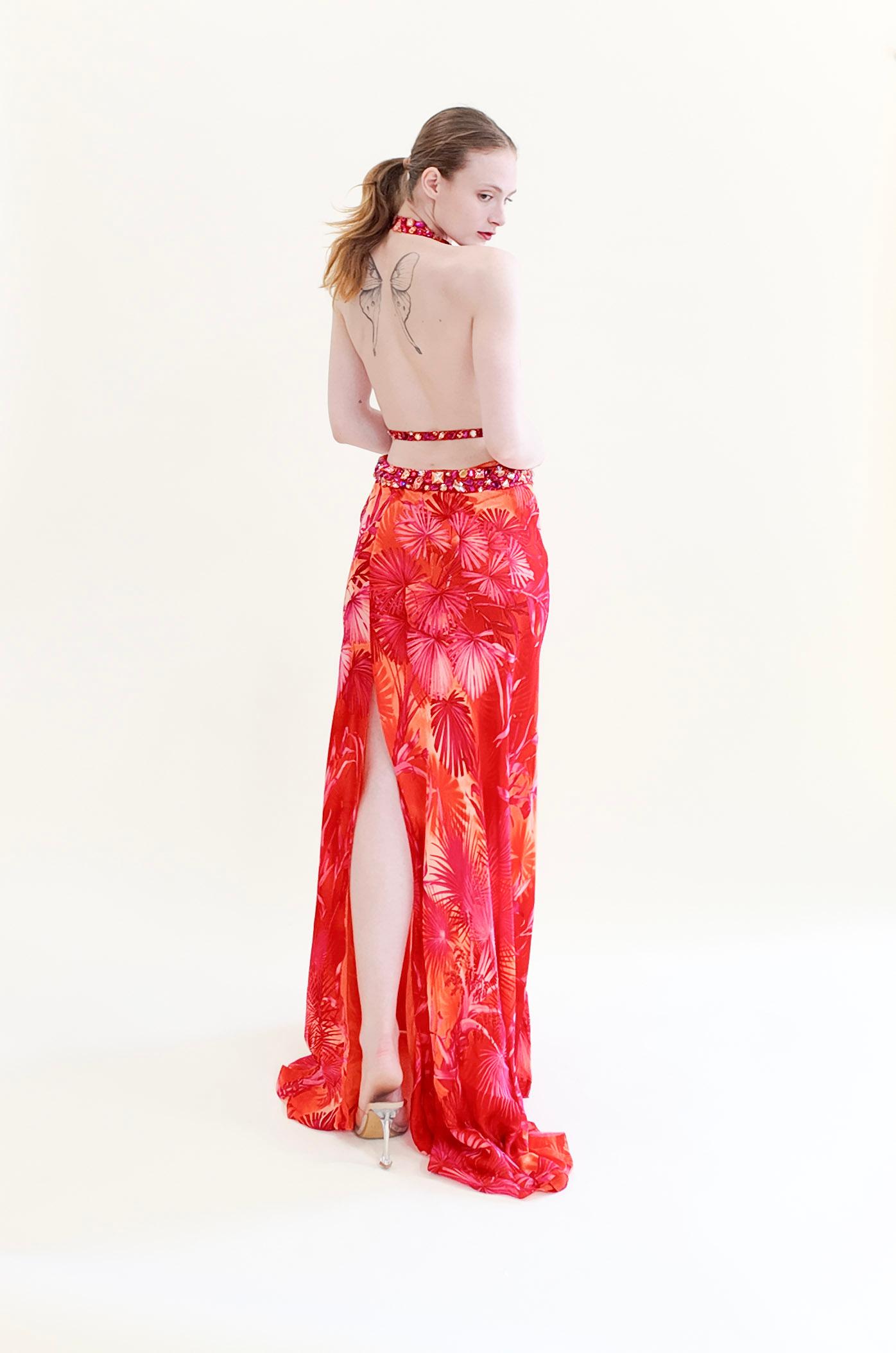 Documented Gianni Versace S/S 2000 Runway Finale Gown, Magenta Palm Print For Sale 1