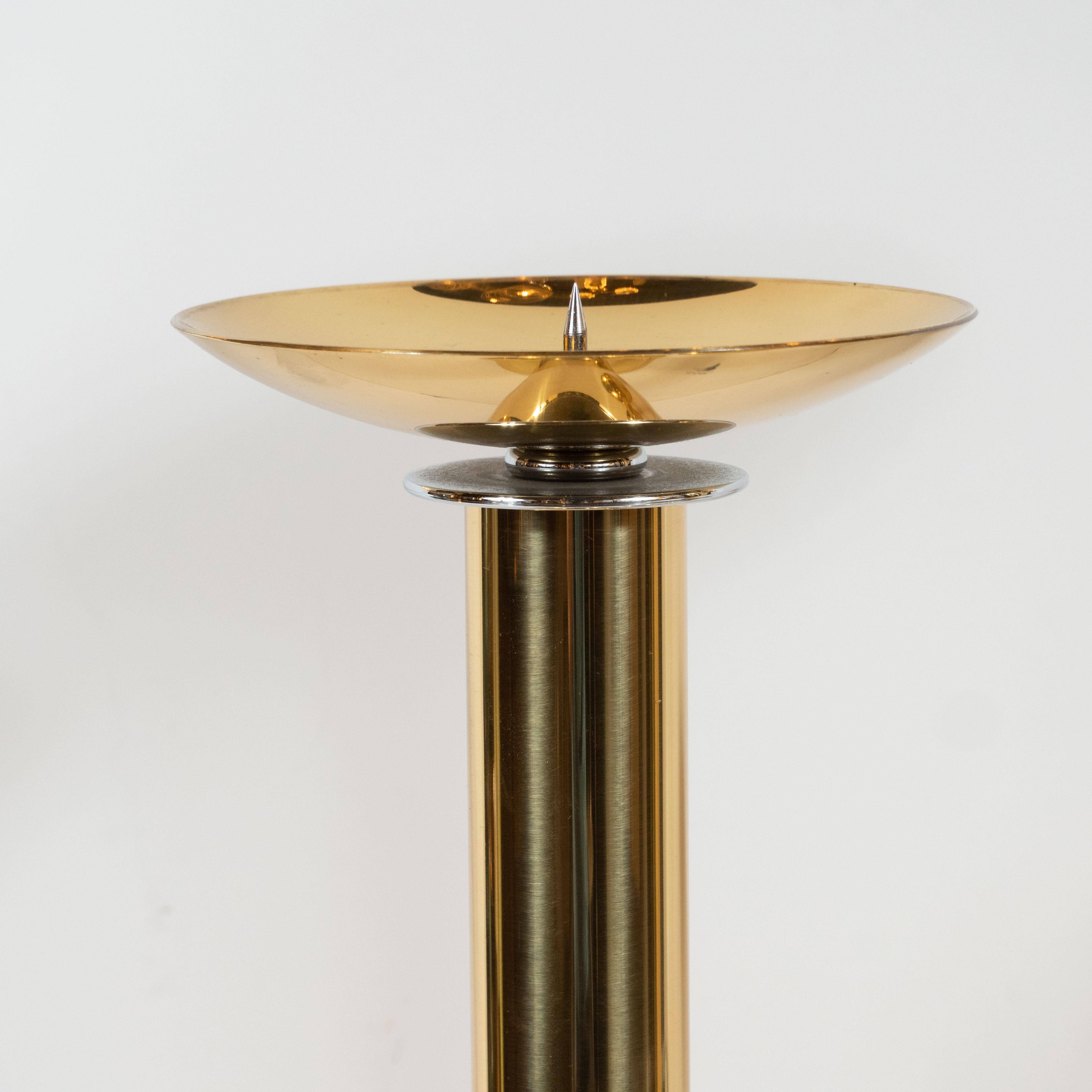 Mid-Century Modern Documented Karl Springer Set of Three Midcentury Brass and Chrome Candlesticks For Sale