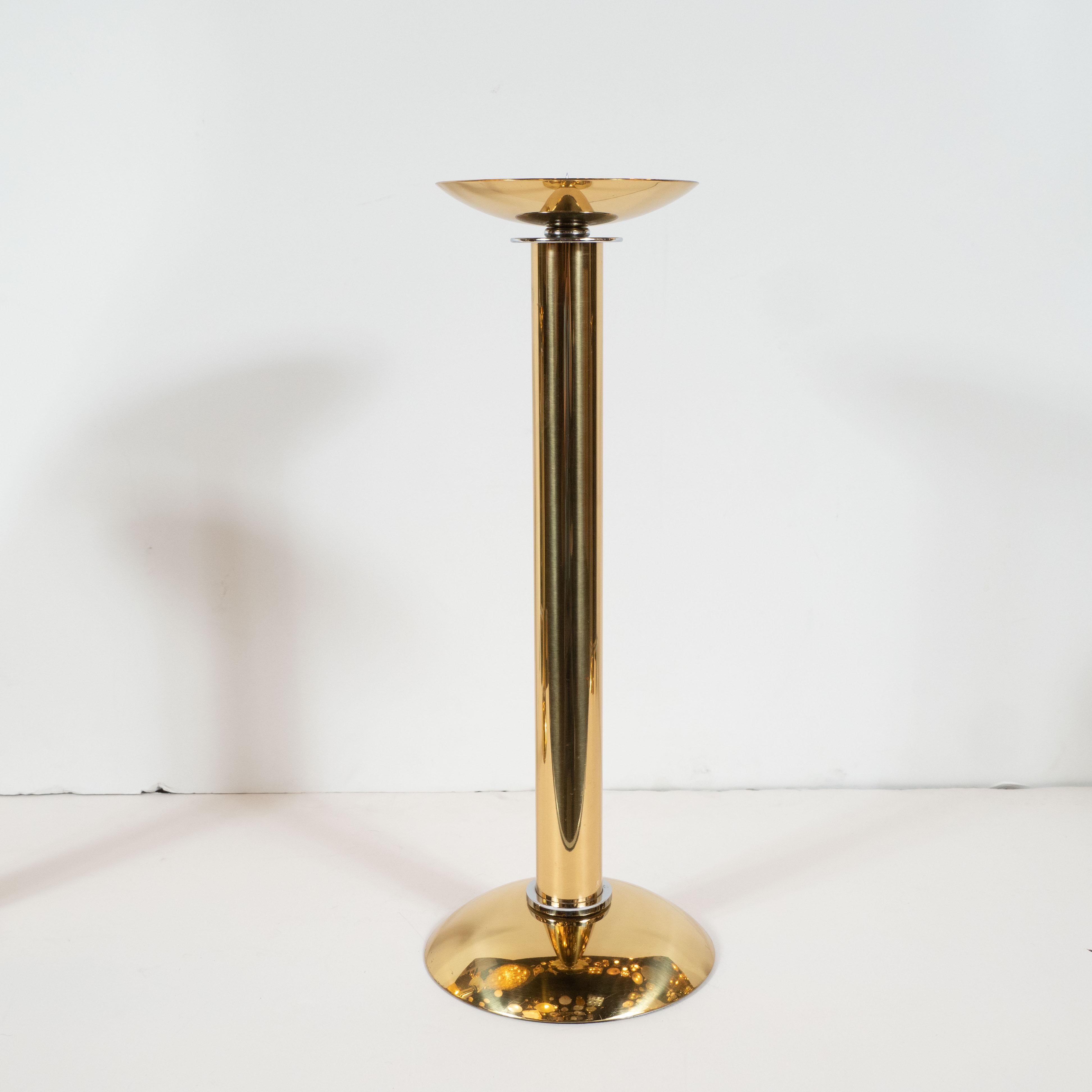 Polished Documented Karl Springer Set of Three Midcentury Brass and Chrome Candlesticks For Sale