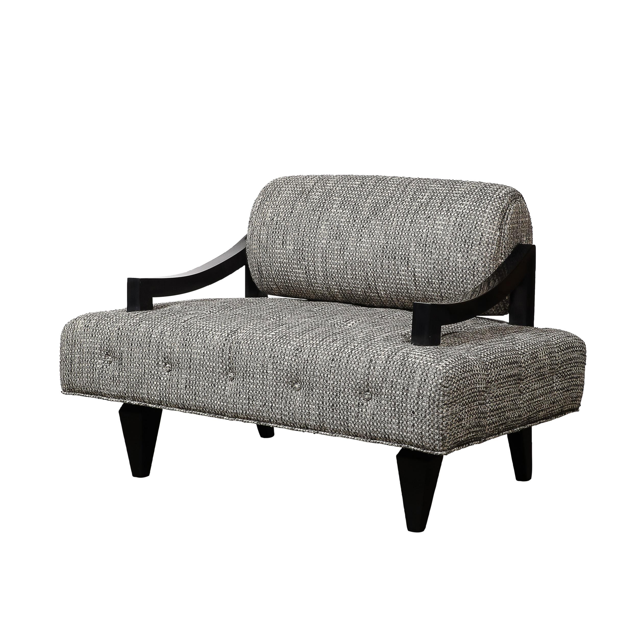 This incredible Pair of Documented Mid-Century Modernist Wide Lounge Chairs in Ebonized Sycamore W/ Holly Hunt Fabric by James Mont originates from the United States, Circa 1948. Fabricated in the highest quality materials with a uniquely elegant