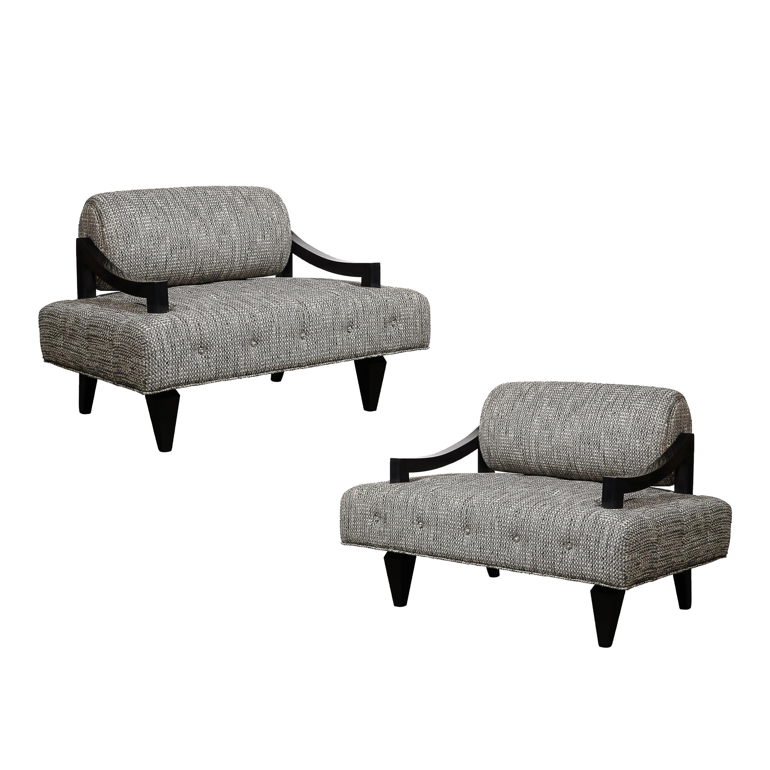 Mid-Century Modern Documented Mid-Century Wide Lounge Chairs in Ebonized Sycamore by James Mont
