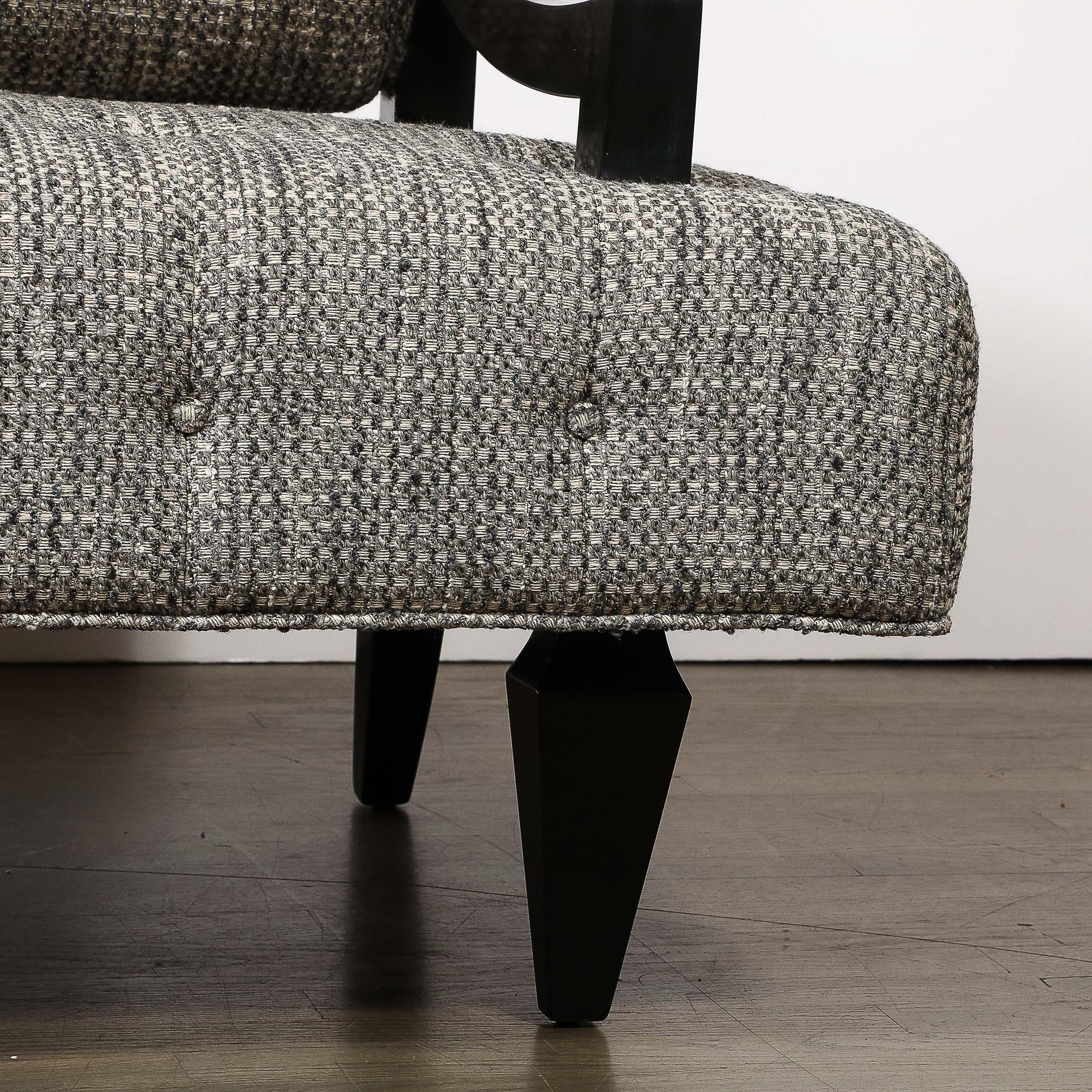 Fabric Documented Mid-Century Wide Lounge Chairs in Ebonized Sycamore by James Mont