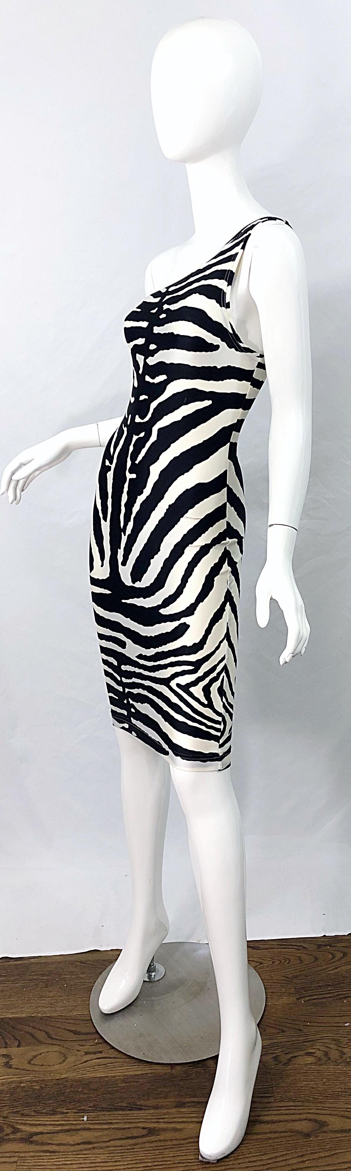 Documented Patrick Kelly 1980s Zebra Black and White 1 Shoulder Vintage Dress  In Excellent Condition In San Diego, CA