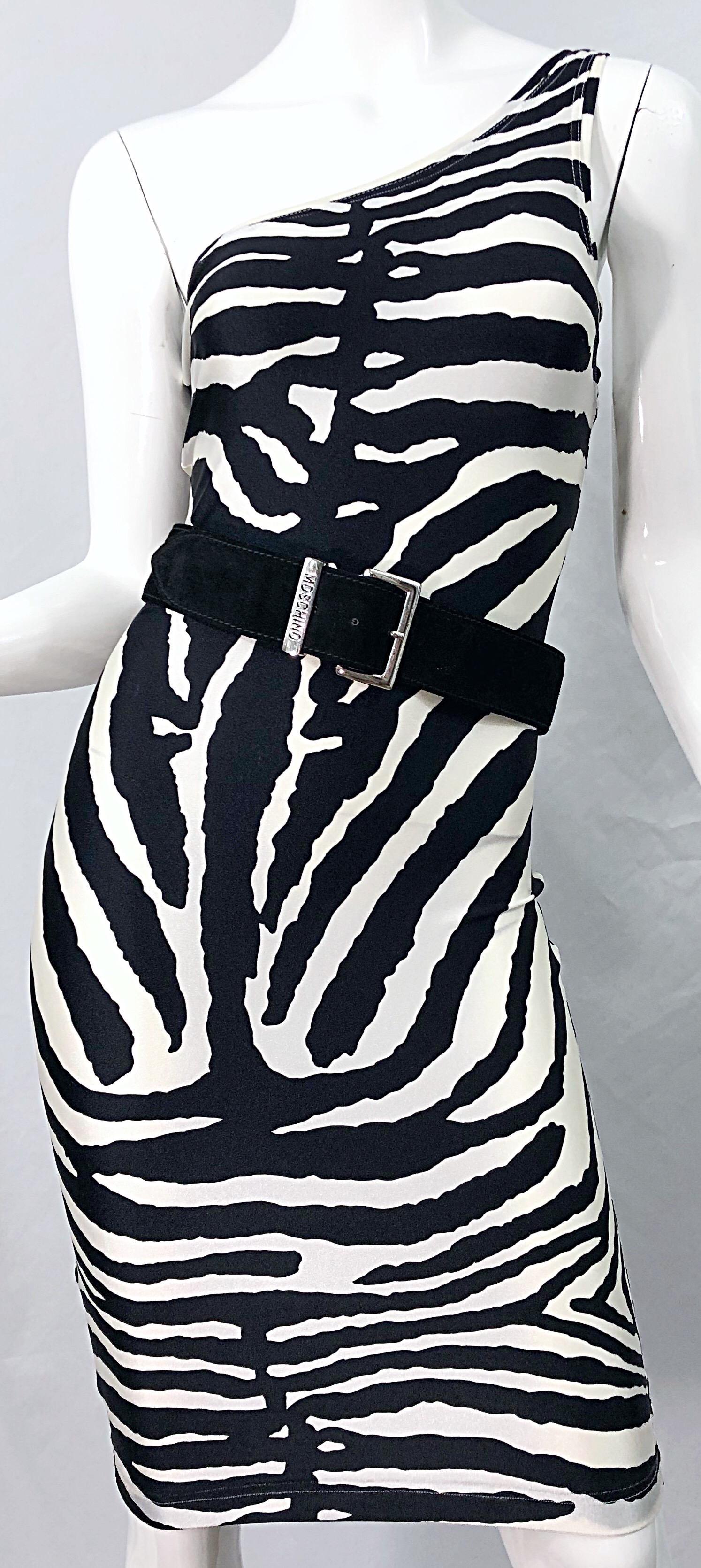 Women's Documented Patrick Kelly 1980s Zebra Black and White 1 Shoulder Vintage Dress 