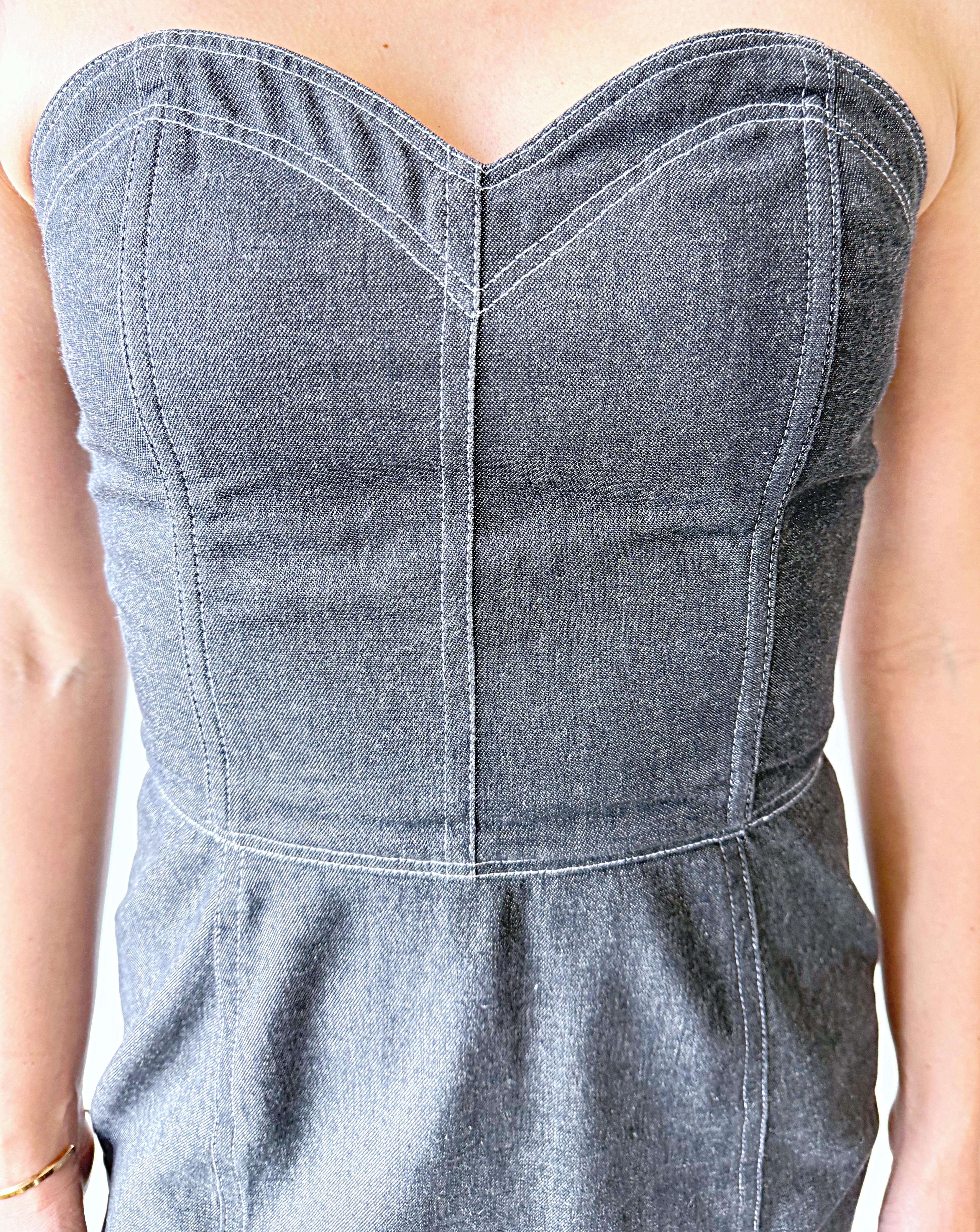 Documented Patrick Kelly Size 8 Black Grey Denim Vtg 80s Strapless Dress Bolero en vente 5