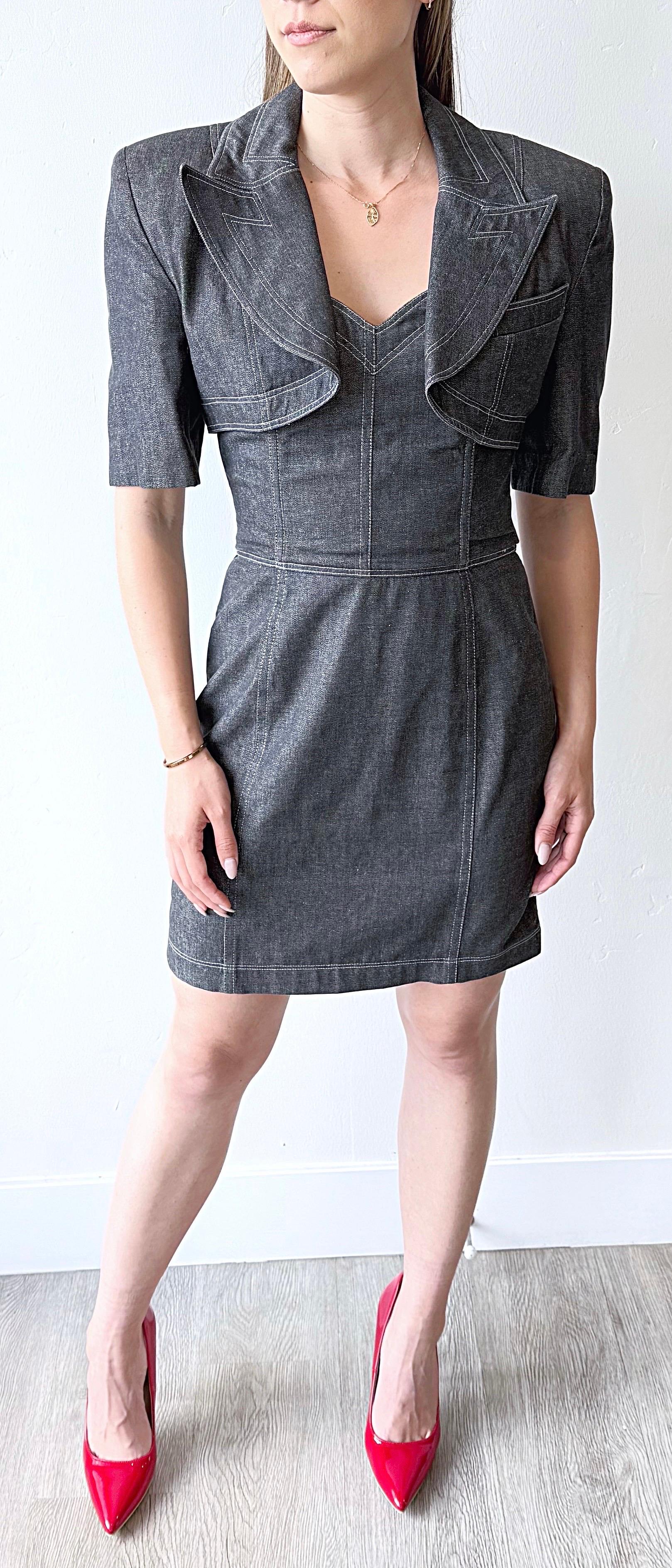 Documented Patrick Kelly Size 8 Black Grey Denim Vtg 80s Strapless Dress Bolero en vente 6