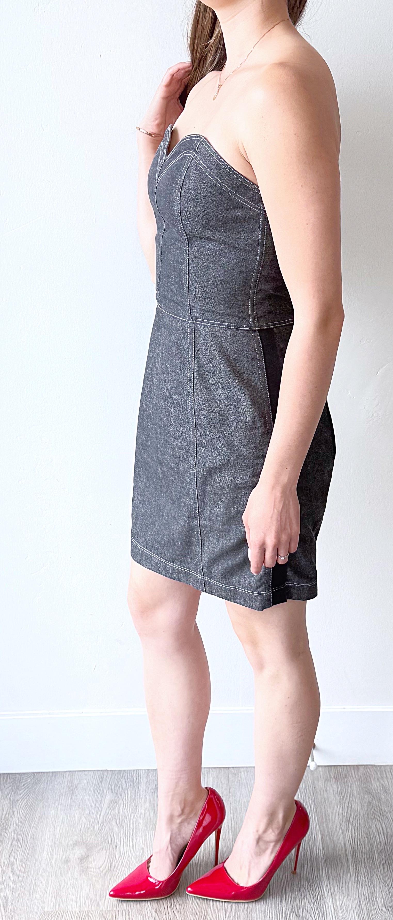 Documented Patrick Kelly Size 8 Black Grey Denim Vtg 80s Strapless Dress Bolero en vente 7