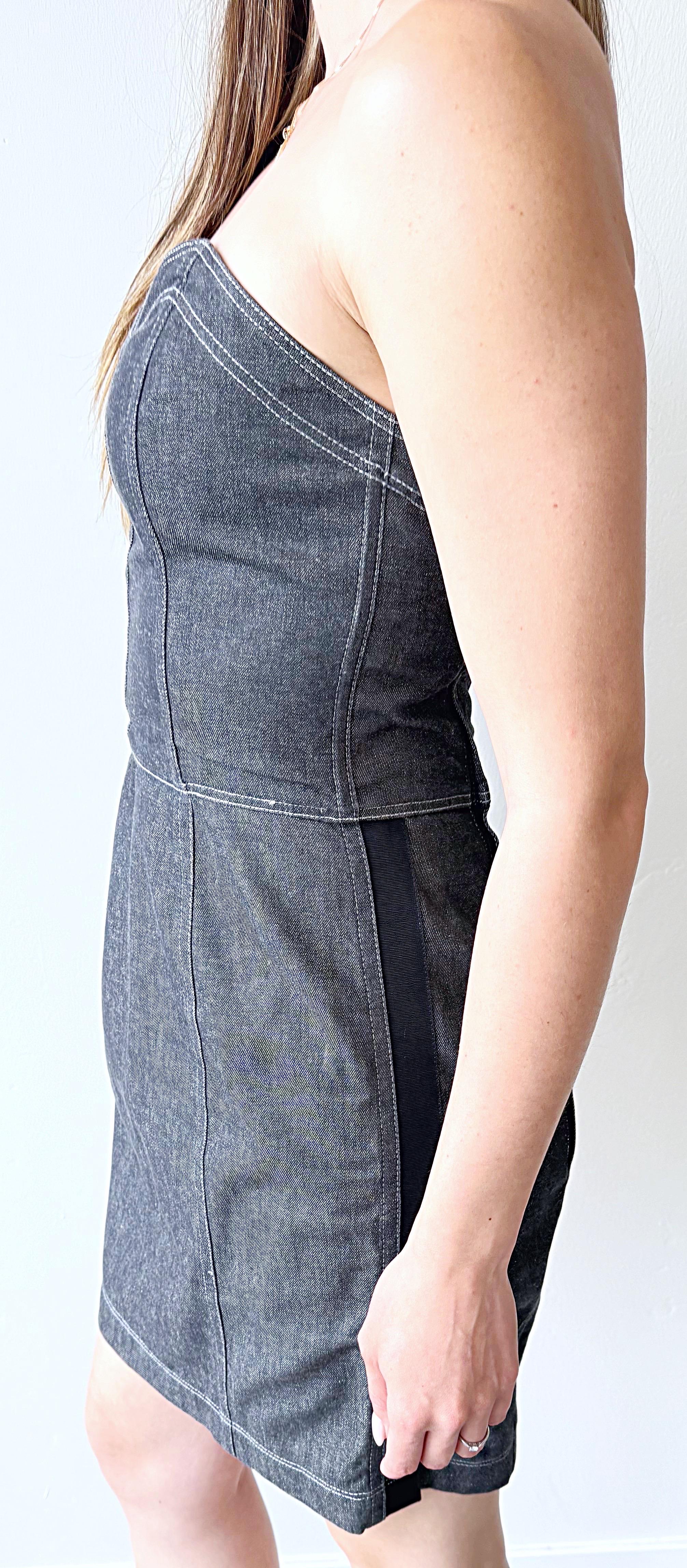 Documented Patrick Kelly Size 8 Black Grey Denim Vtg 80s Strapless Dress Bolero en vente 8