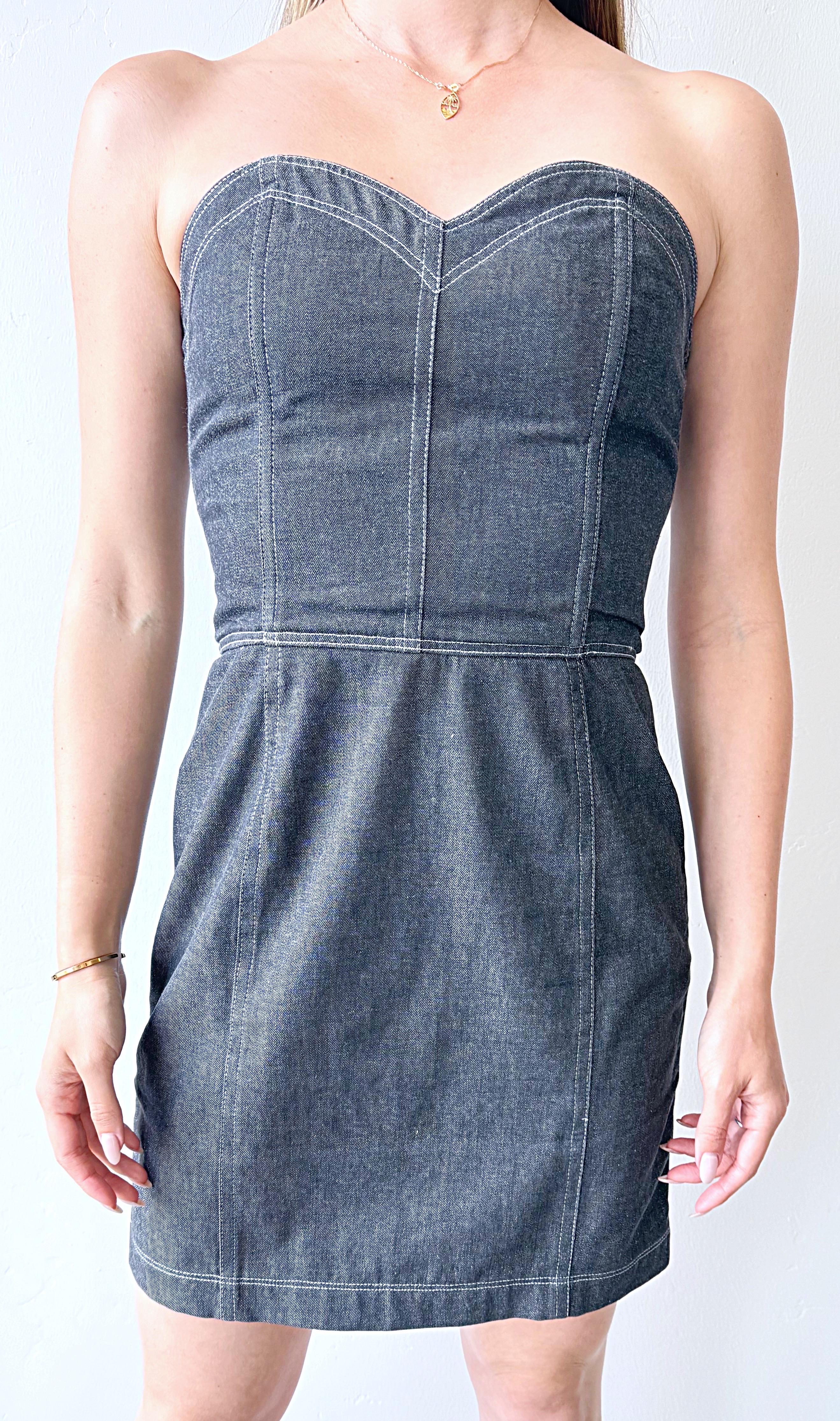 Documented Patrick Kelly Size 8 Black Grey Denim Vtg 80s Strapless Dress Bolero en vente 9