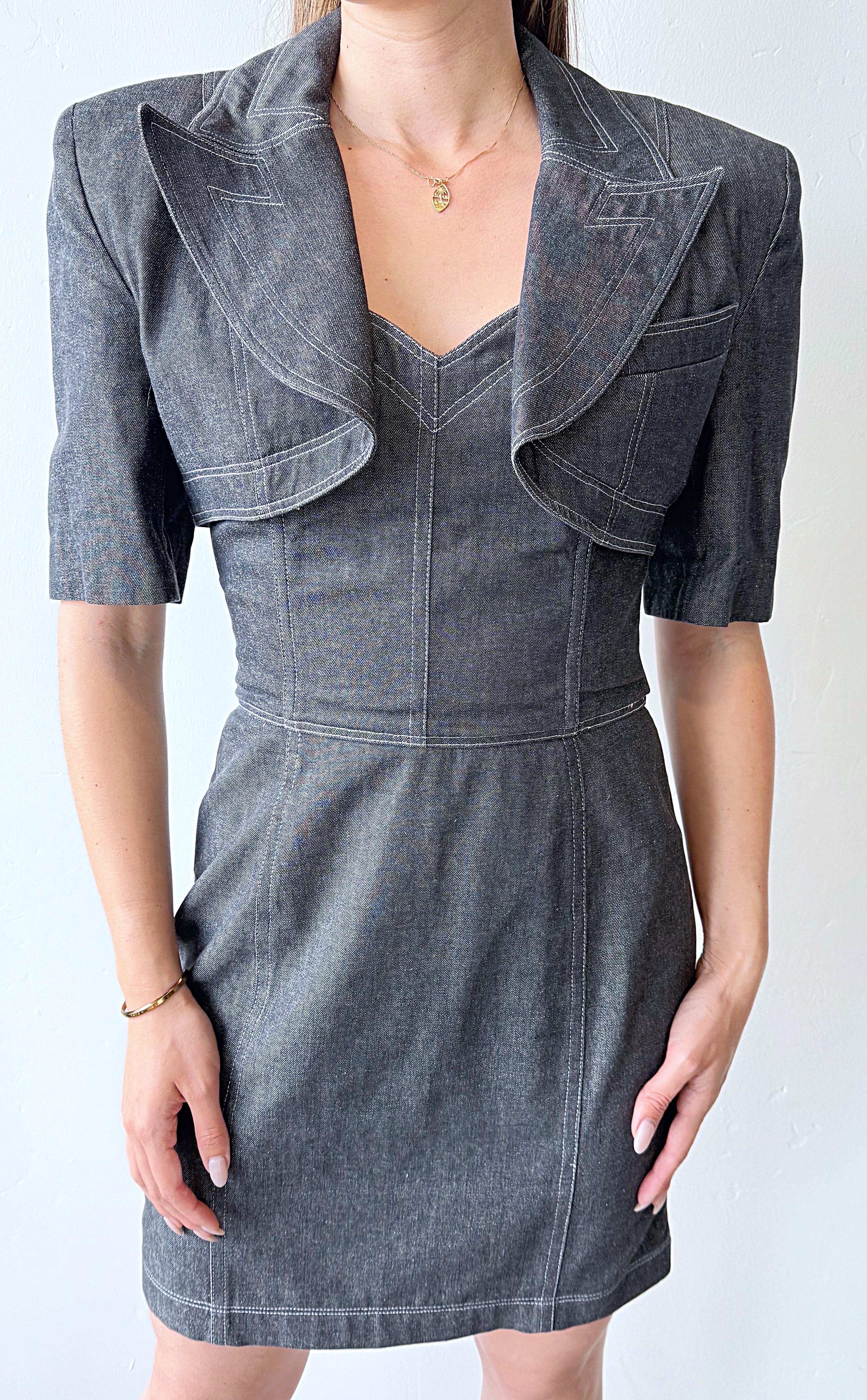 Documented Patrick Kelly Size 8 Black Grey Denim Vtg 80s Strapless Dress Bolero en vente 10