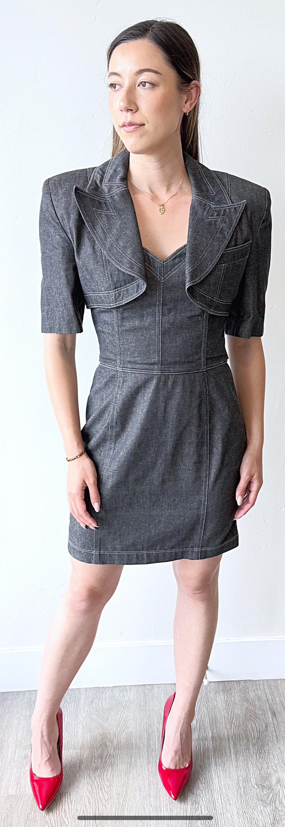 Documented Patrick Kelly Size 8 Black Grey Denim Vtg 80s Strapless Dress Bolero Excellent état - En vente à San Diego, CA