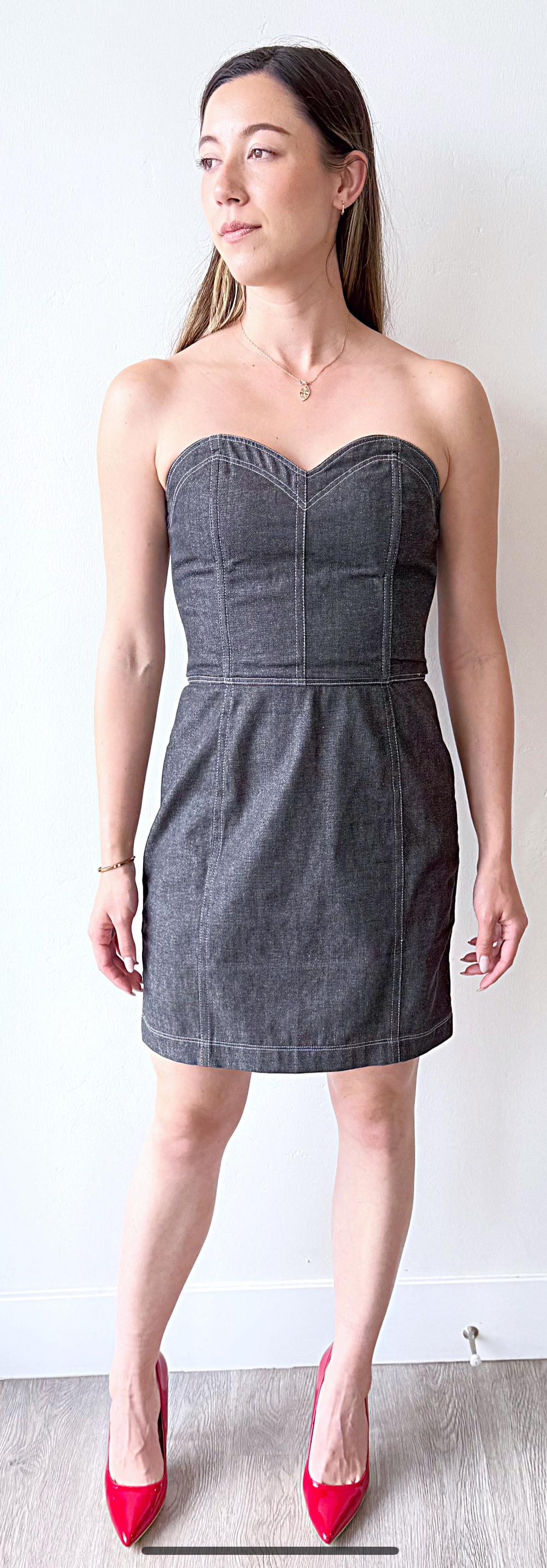 Documented Patrick Kelly Size 8 Black Grey Denim Vtg 80s Strapless Dress Bolero Pour femmes en vente