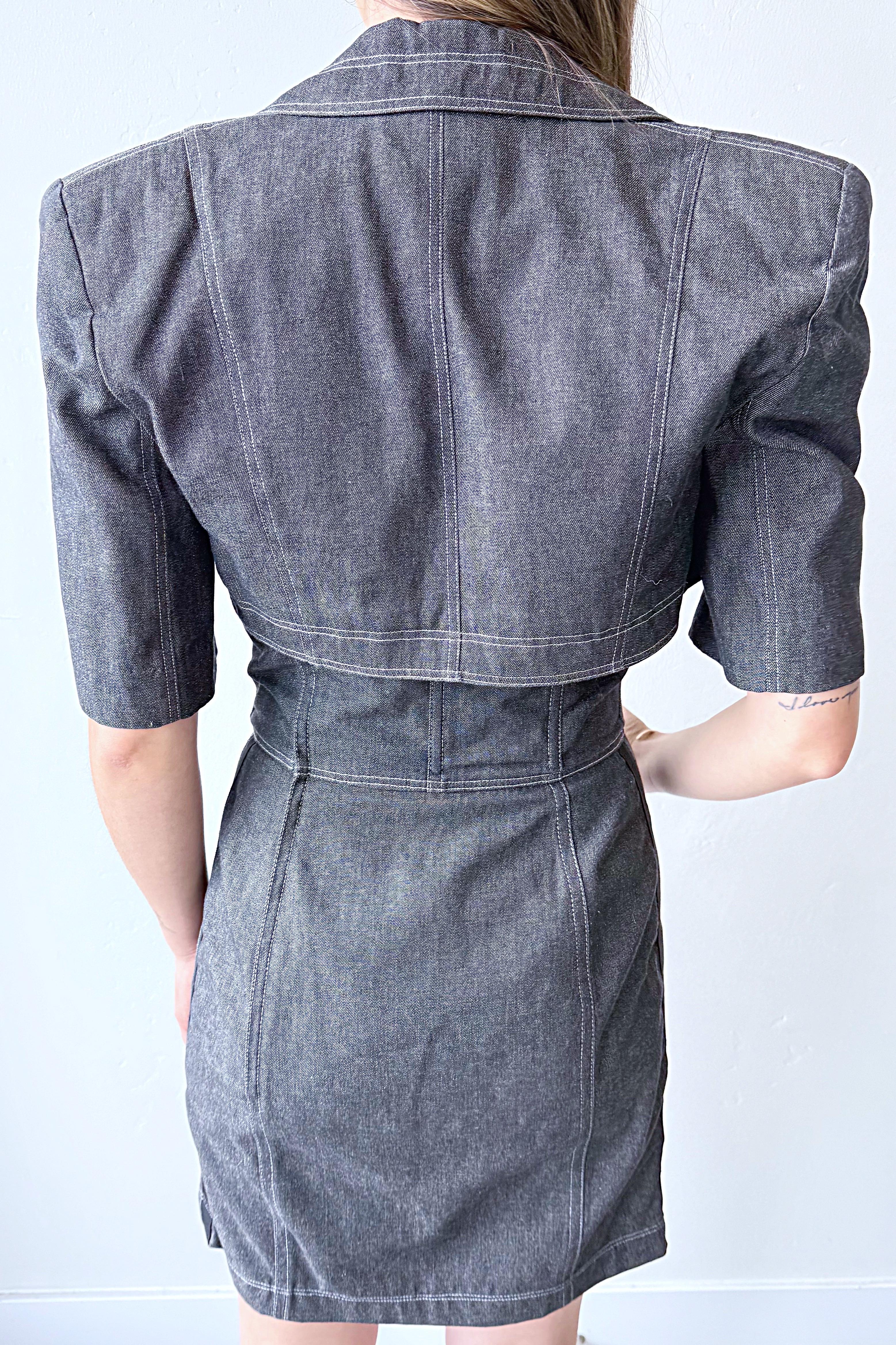 Documented Patrick Kelly Size 8 Black Grey Denim Vtg 80s Strapless Dress Bolero en vente 2