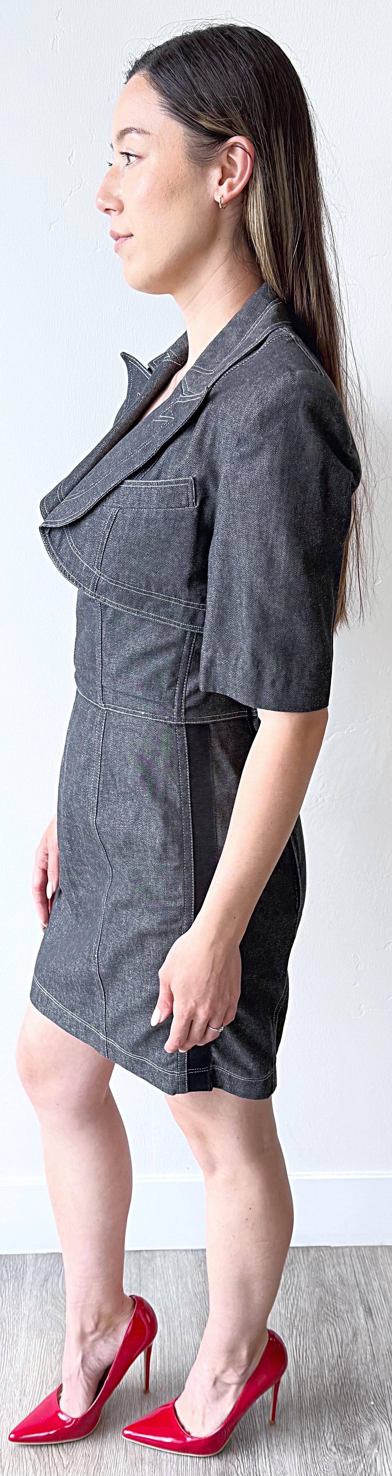 Documented Patrick Kelly Size 8 Black Grey Denim Vtg 80s Strapless Dress Bolero en vente 3