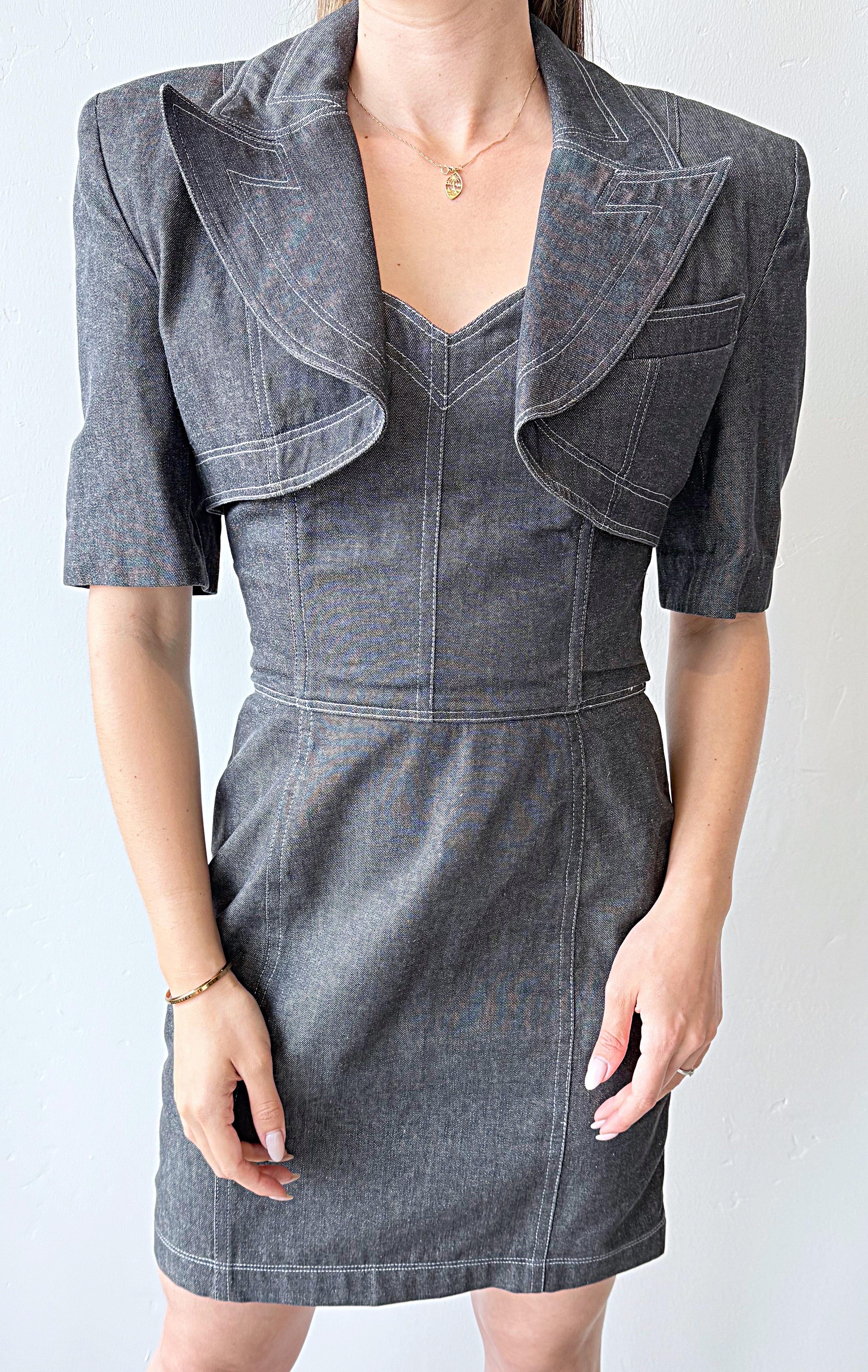 Documented Patrick Kelly Size 8 Black Grey Denim Vtg 80s Strapless Dress Bolero en vente 4