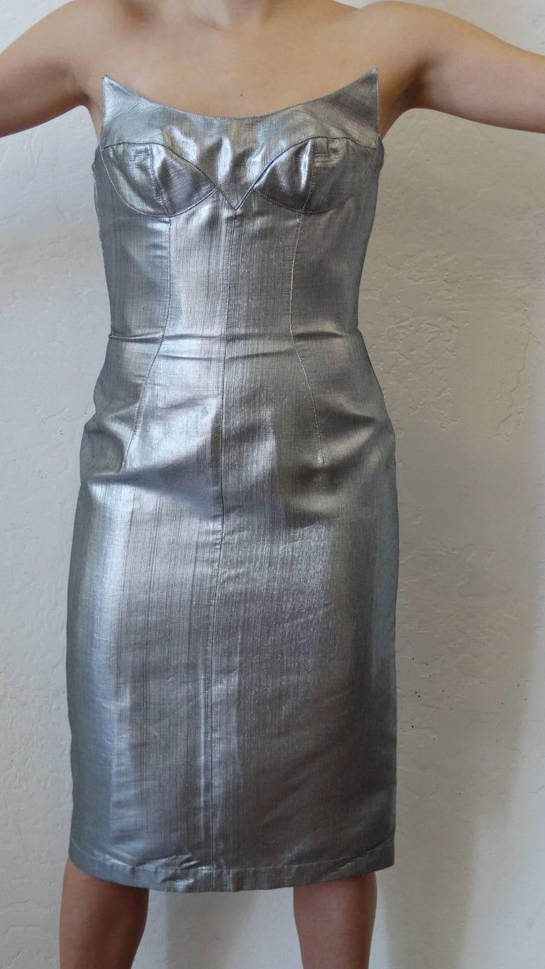 thierry mugler silver dress Vintage THIERRY MUGLER Quilted Silver Space Age Futuristic Dress