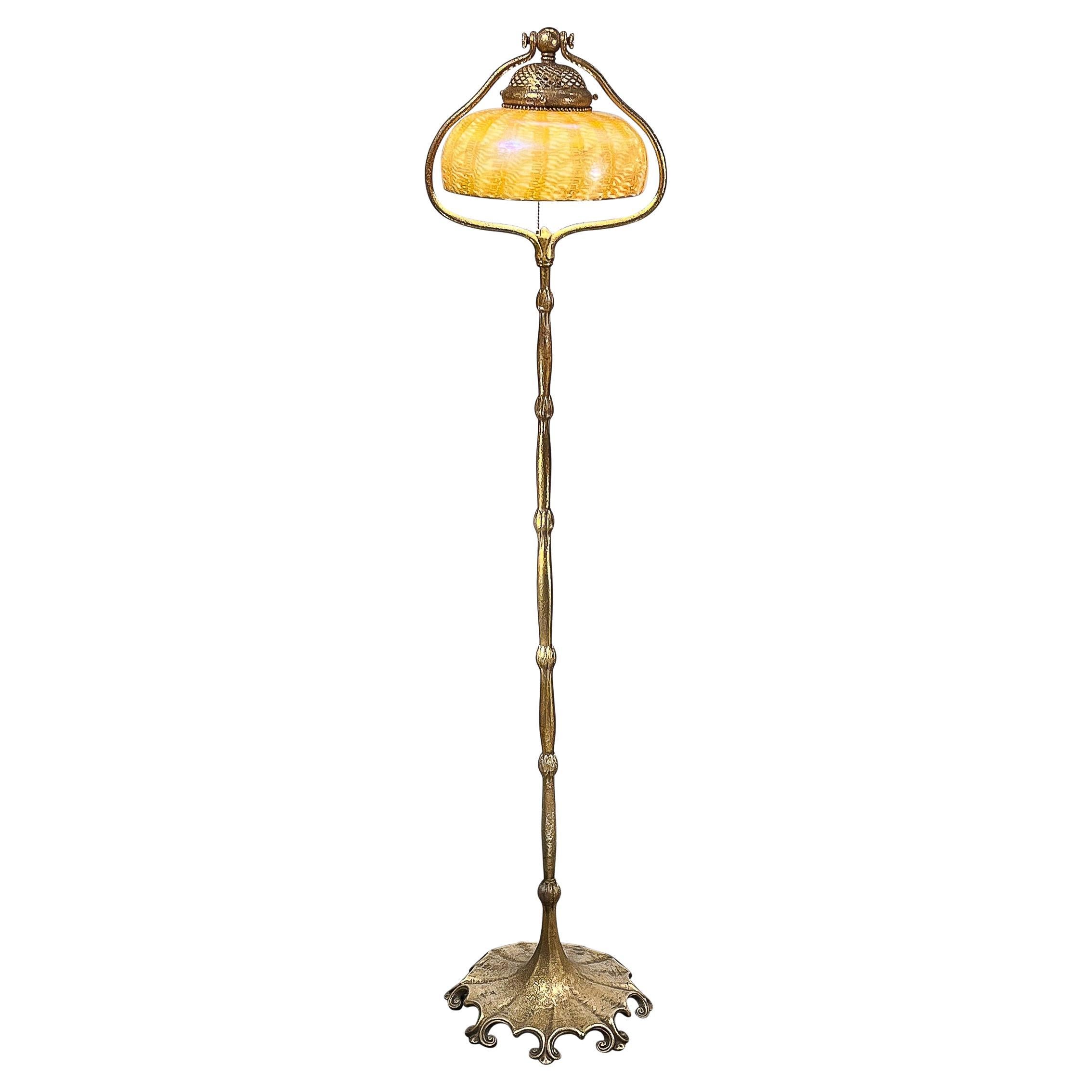 Documented Tiffany Studios #425 Bronze Dore "Bell" Floor Lamp W/Favrile Shade