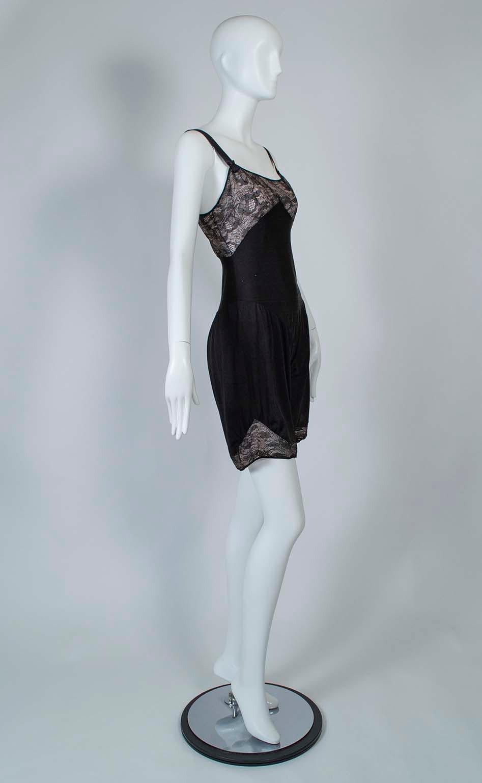 Featured in Harper’s Bazaar in 1928 (see photo), this beautiful piece of lingerie was the perfect foundation beneath the sleek, drop waisted flapper dresses of the era. It permitted newly-liberated women full range of motion and stretched with its