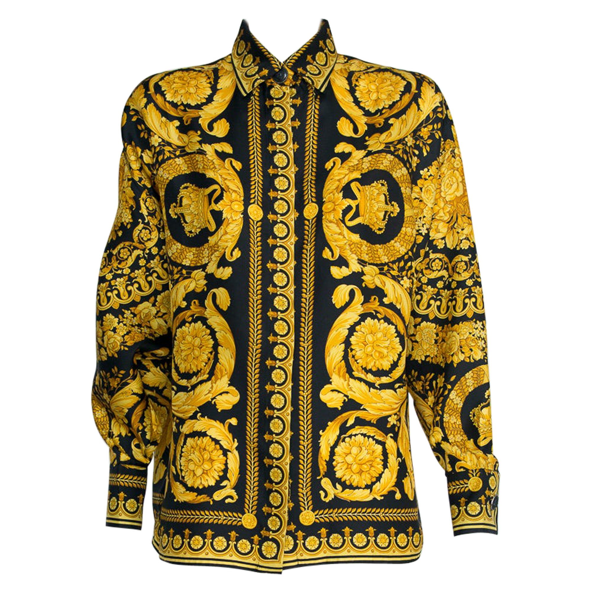 Blusa camisera documentada Versace de seda y sarga con estampado barroco, Otoño-Invierno 1991