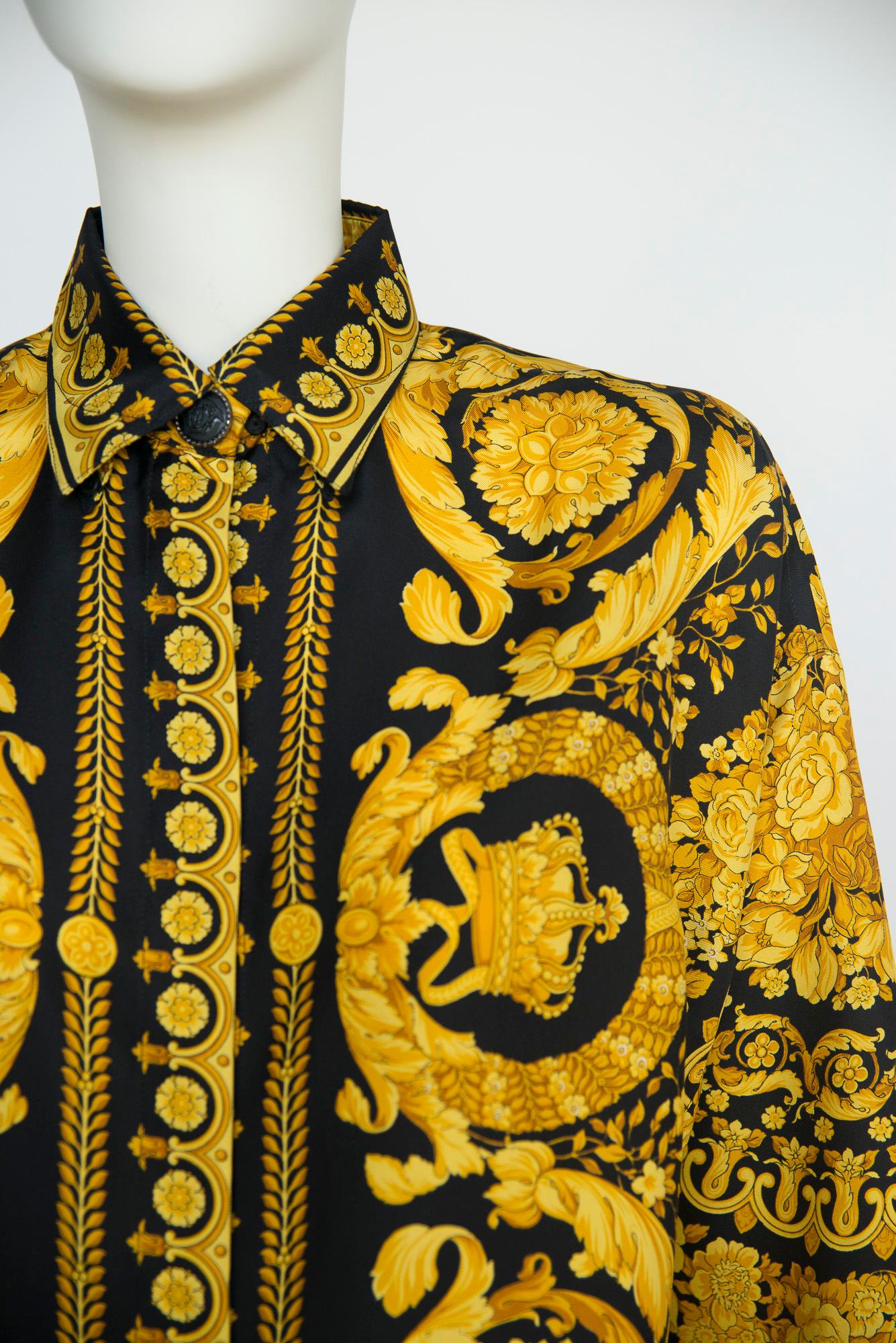 Documented Versace Silk-Twill Baroque Print Shirt Blouse, Fall-Winter 1991 For Sale 6