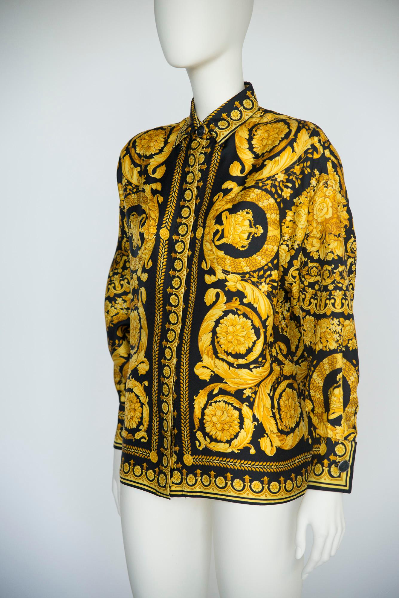 Documented Versace Silk-Twill Baroque Print Shirt Blouse, Fall-Winter 1991 For Sale 7