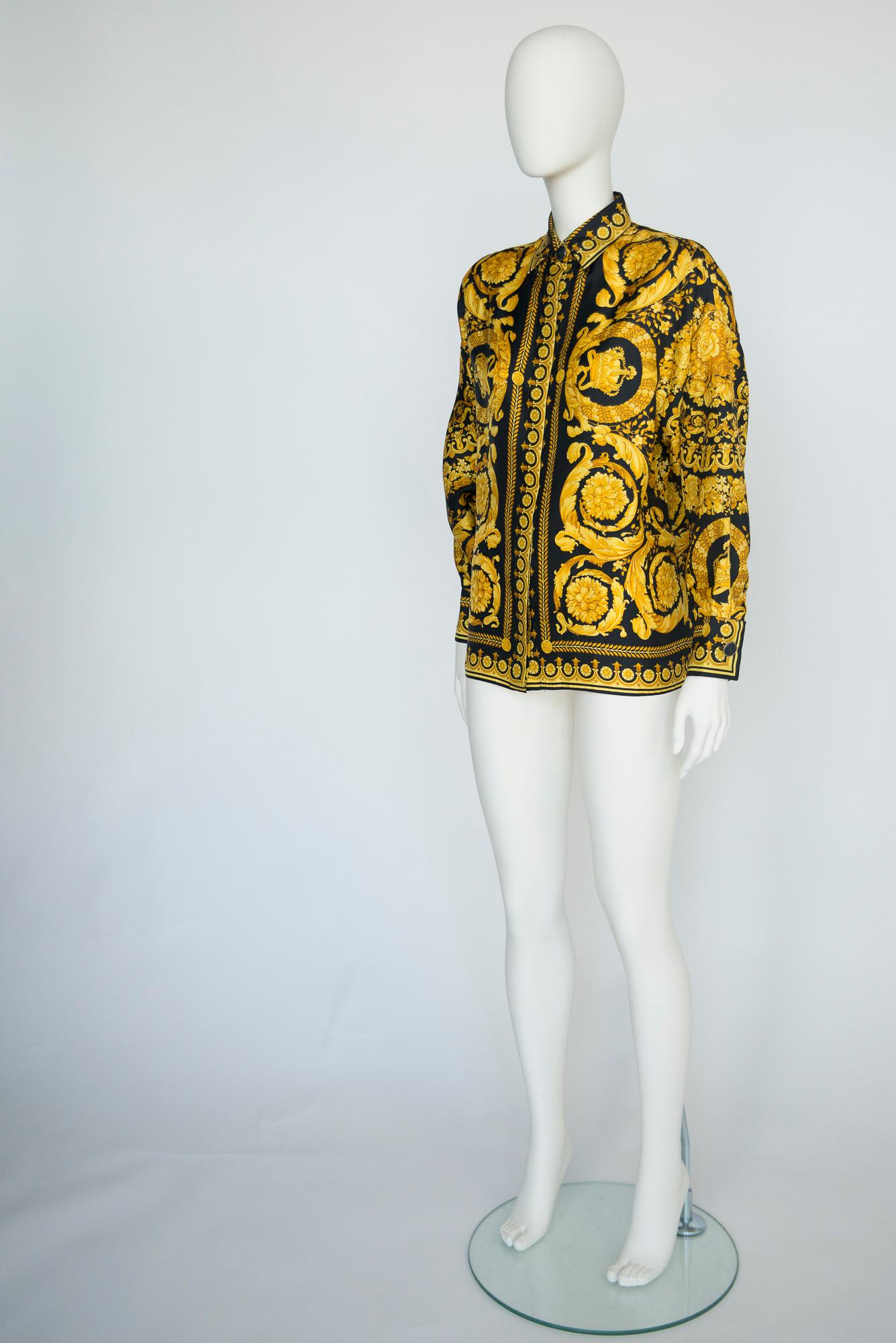 Documented Versace Silk-Twill Baroque Print Shirt Blouse, Fall-Winter 1991 For Sale 9