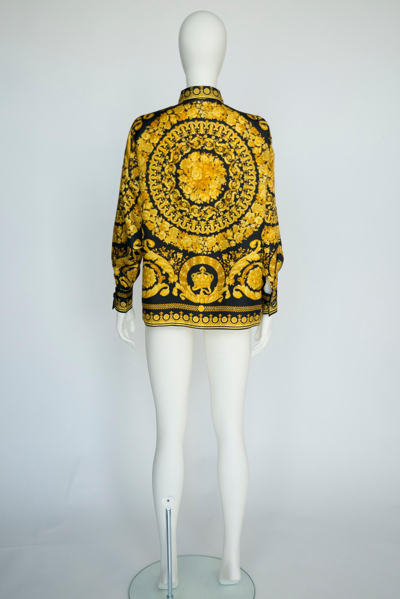 Documented Versace Silk-Twill Baroque Print Shirt Blouse, Fall-Winter 1991 For Sale 11