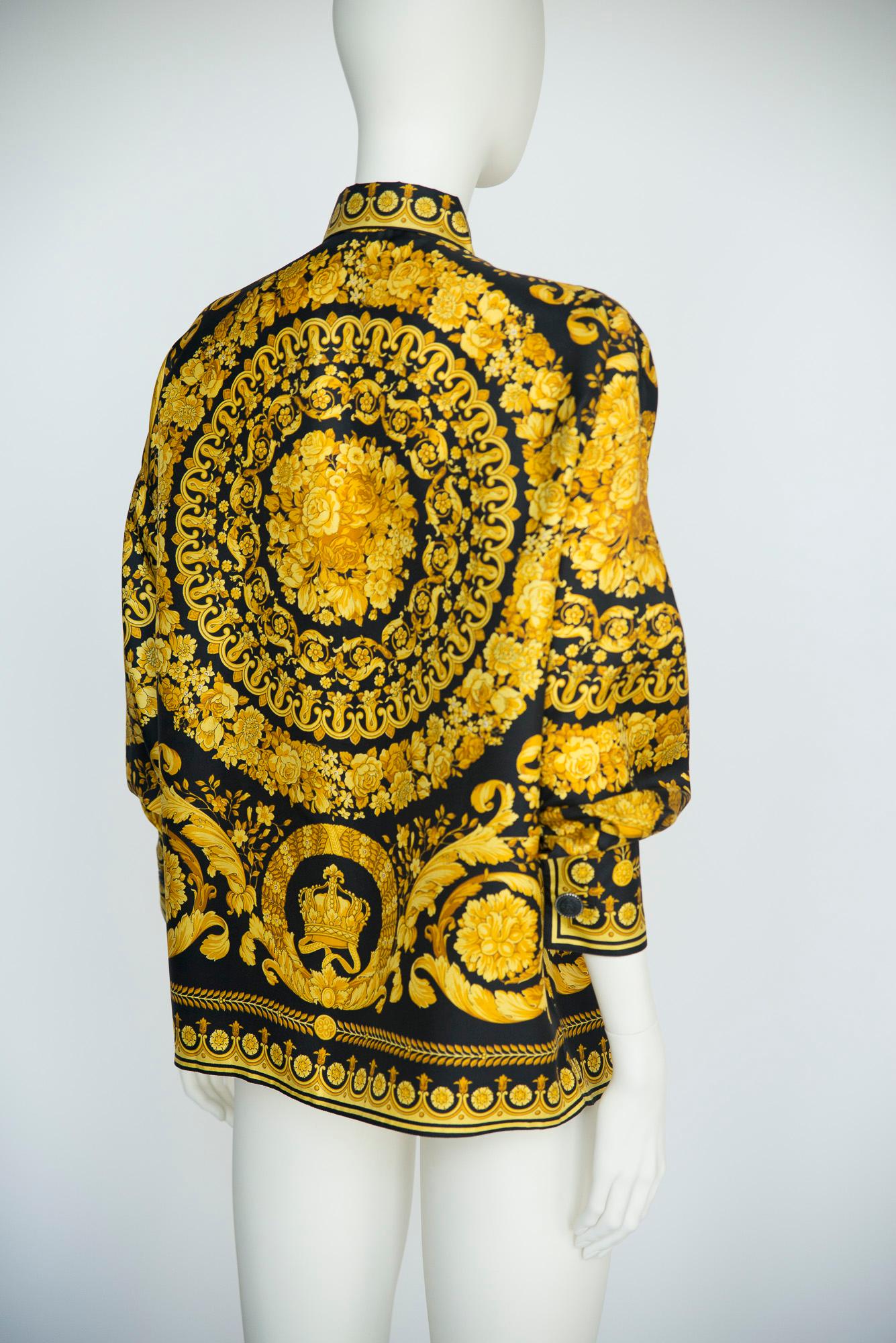 Documented Versace Silk-Twill Baroque Print Shirt Blouse, Fall-Winter 1991 For Sale 12
