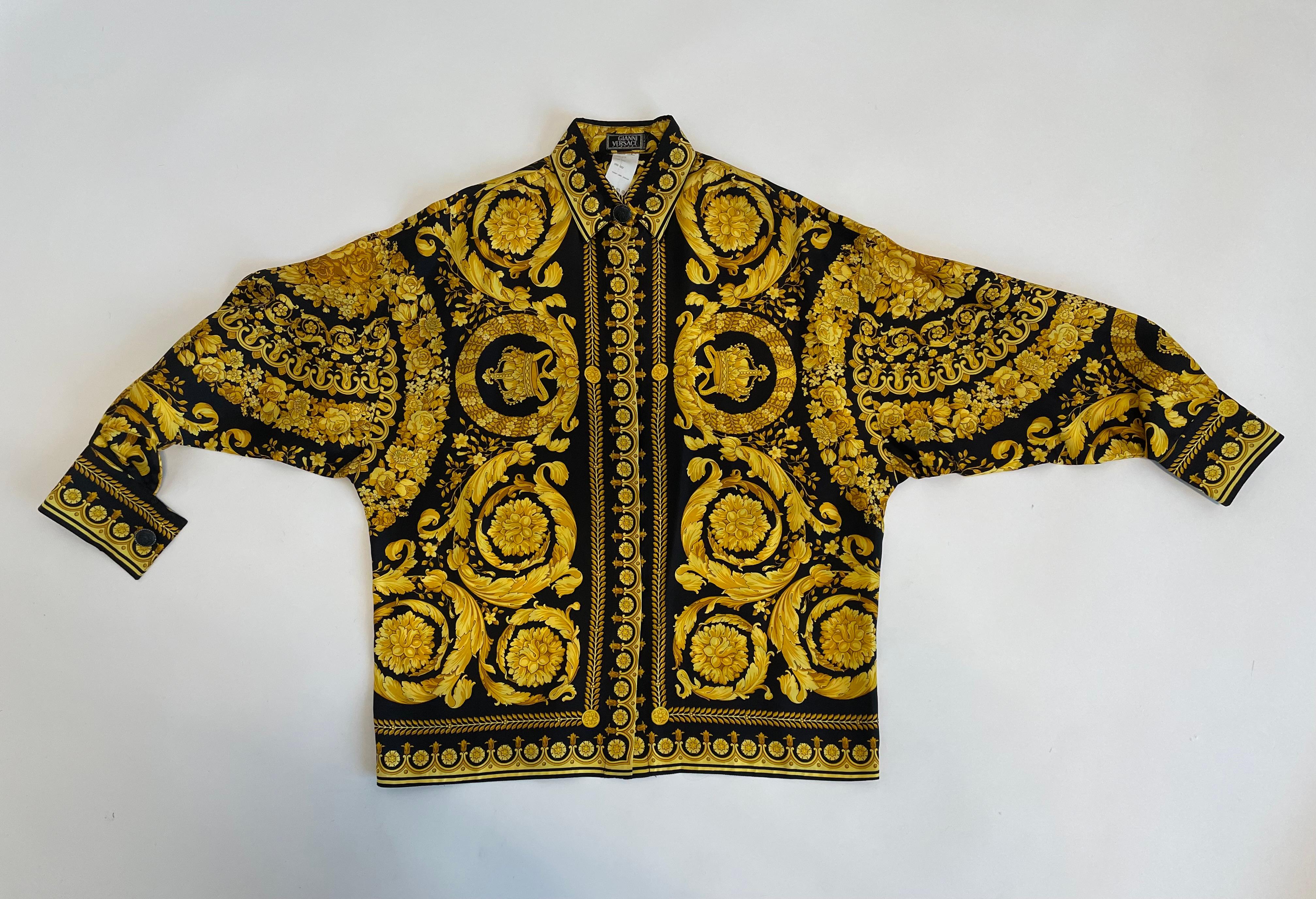 Documented Versace Silk-Twill Baroque Print Shirt Blouse, Fall-Winter 1991 For Sale 16