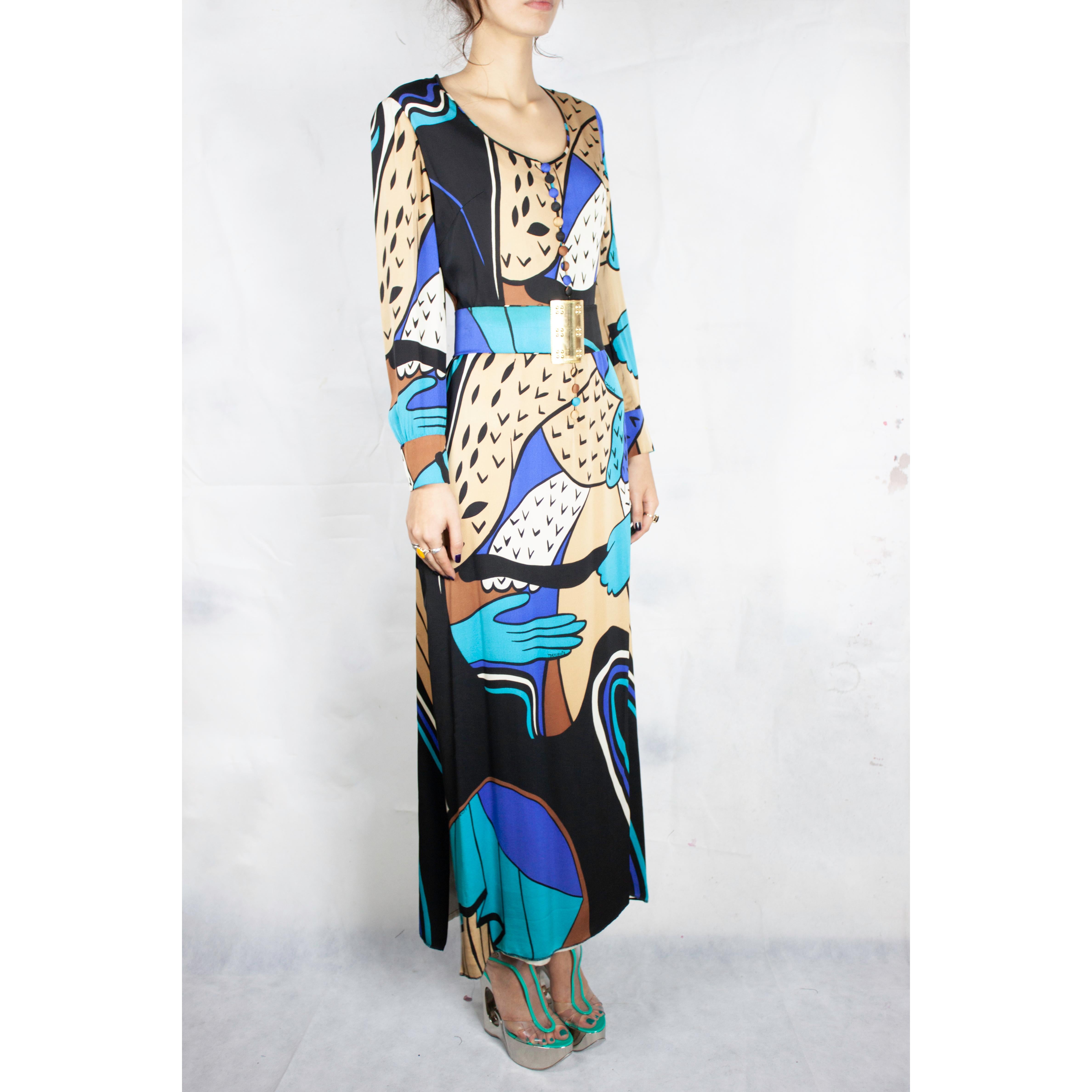 Black Documented Yannis Tseklenis  surrealist silk maxi dress for Frank Usher , 1970s