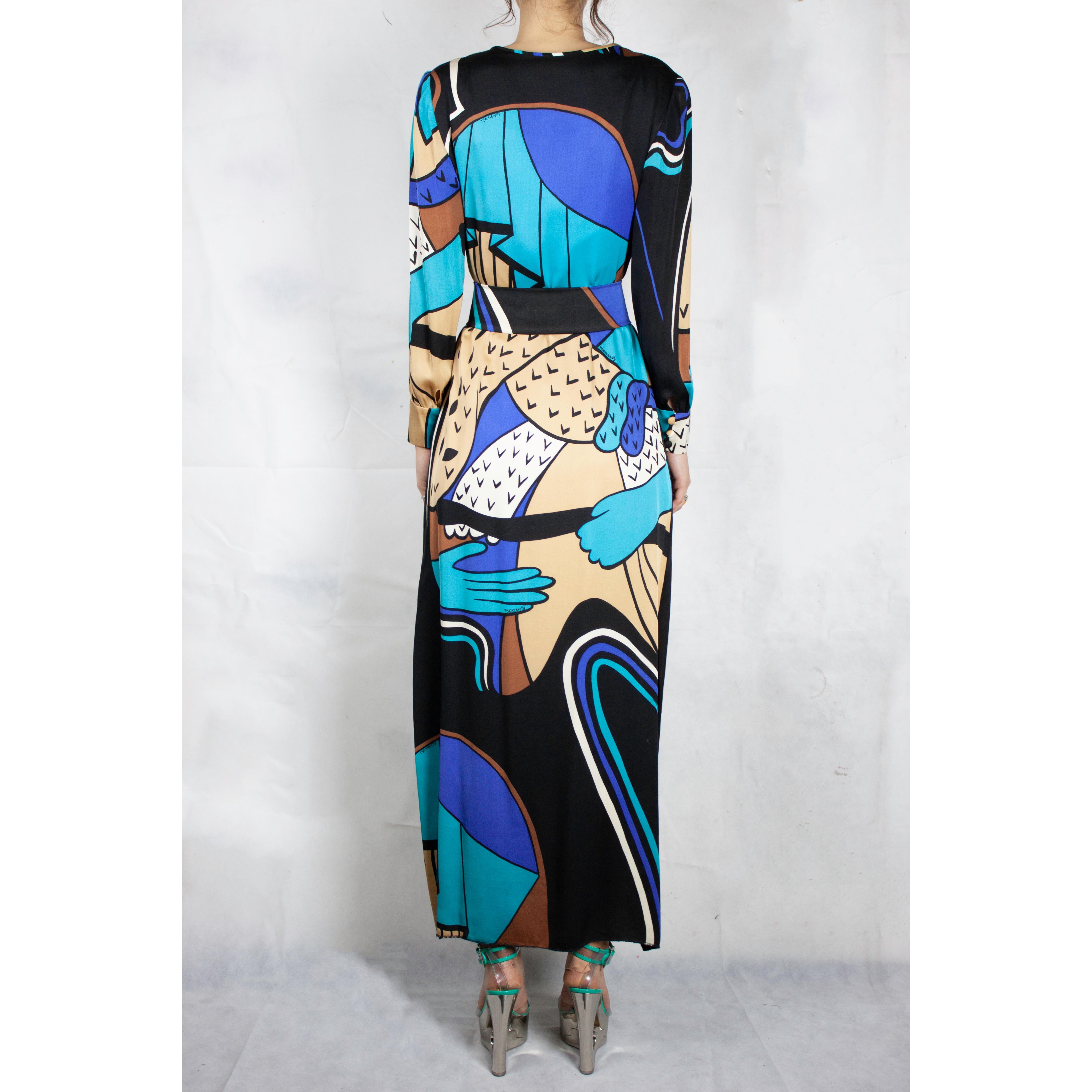 Documented Yannis Tseklenis  surrealist silk maxi dress for Frank Usher , 1970s In Good Condition In London, GB