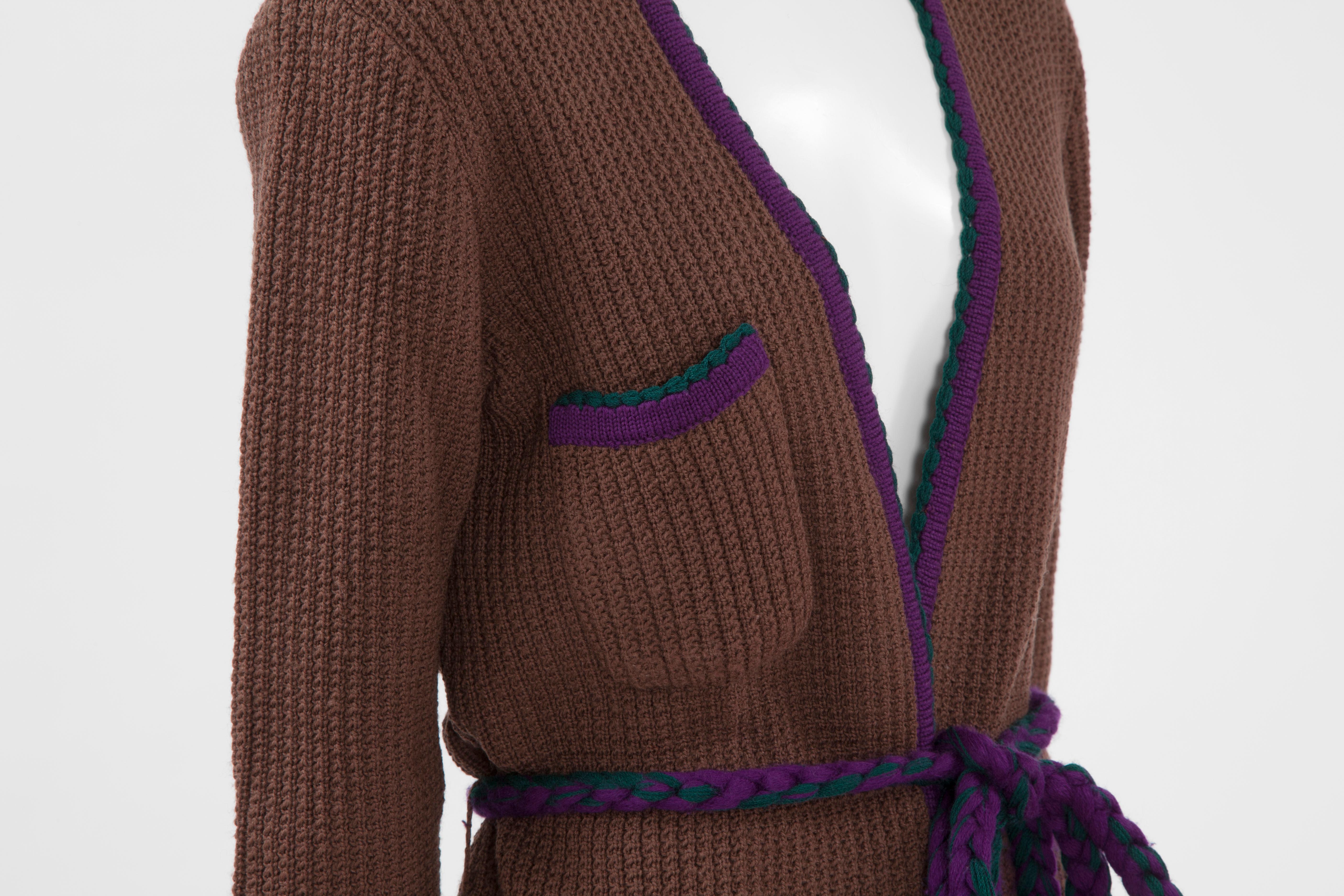 Documented Yves Saint Laurent Wool Belted Cardigan, Circa 1973 In Good Condition In Geneva, CH