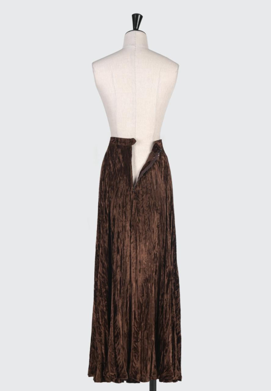 Black Documented YVES SAINT LAURENT YSL Brown Pleated Crushed Velvet Skirt, late 1970s
