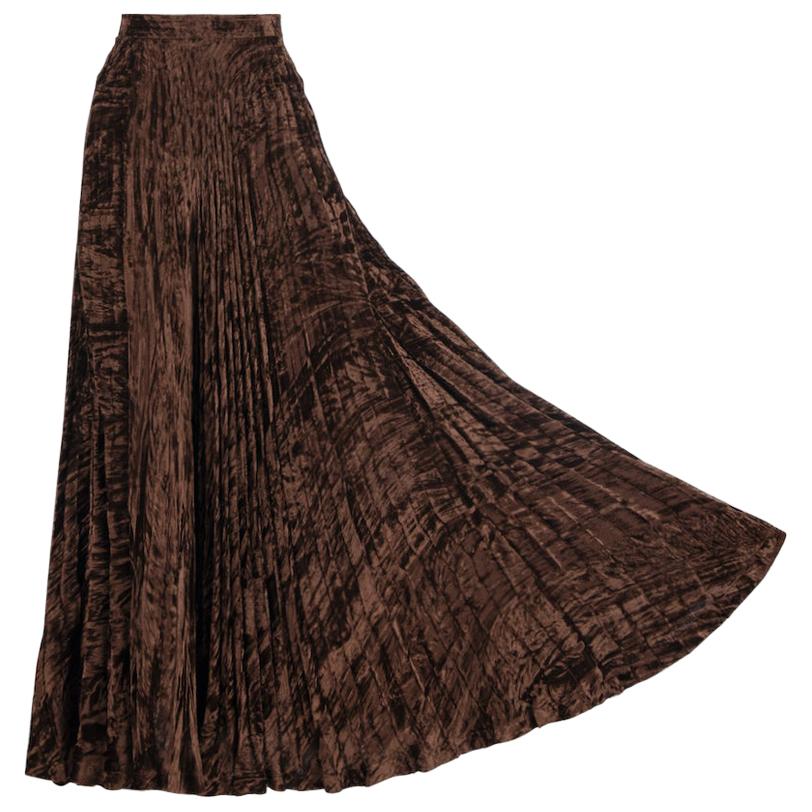 Documented YVES SAINT LAURENT YSL Brown Pleated Crushed Velvet Skirt, late 1970s