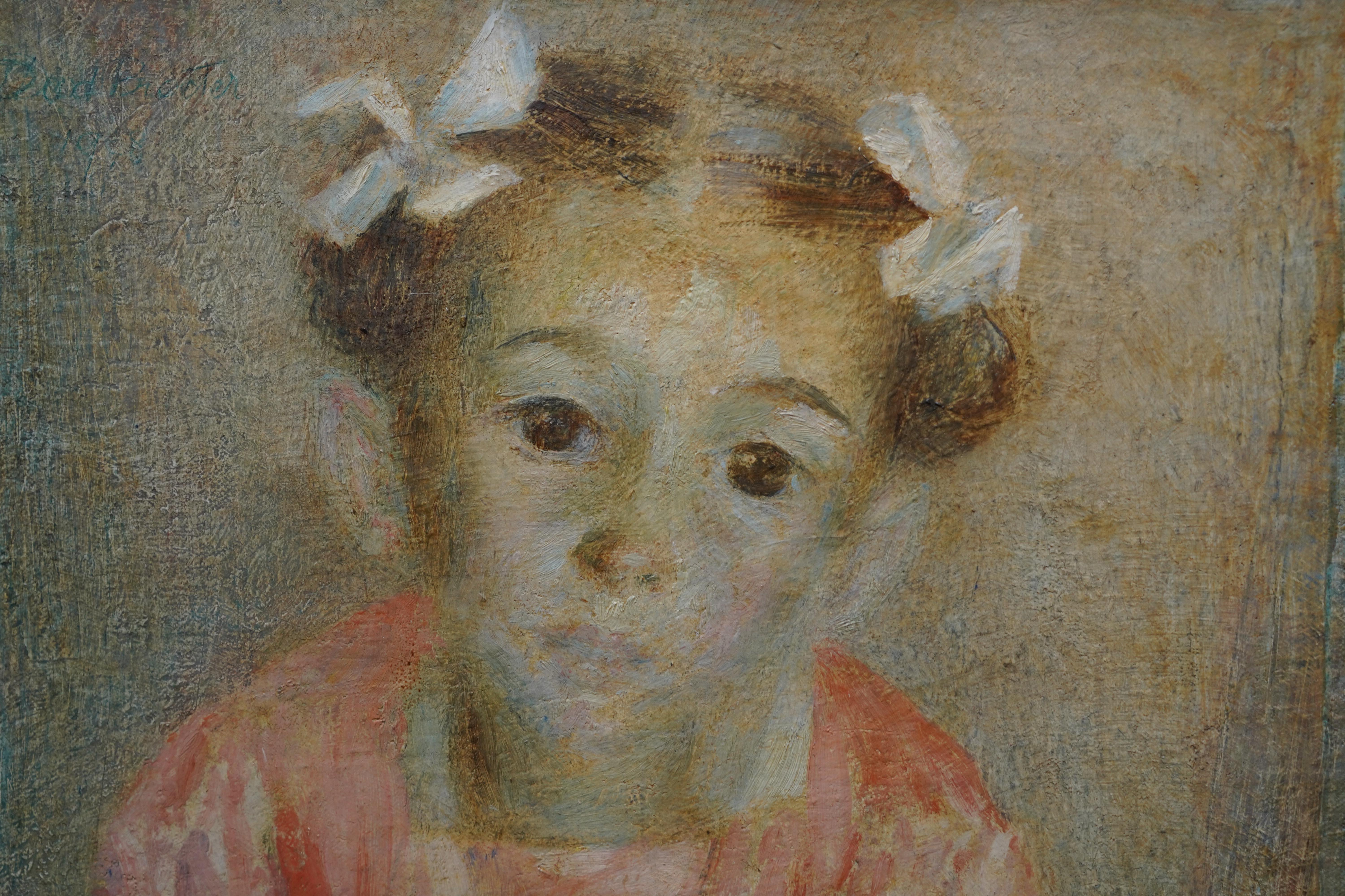 This charming British portrait oil painting is by female artist Dod Procter. It was painted in 1949 and exhibited at the Royal Academy London the same year. The painting is of a little girl in her peach party frock, bows in her hair. There is